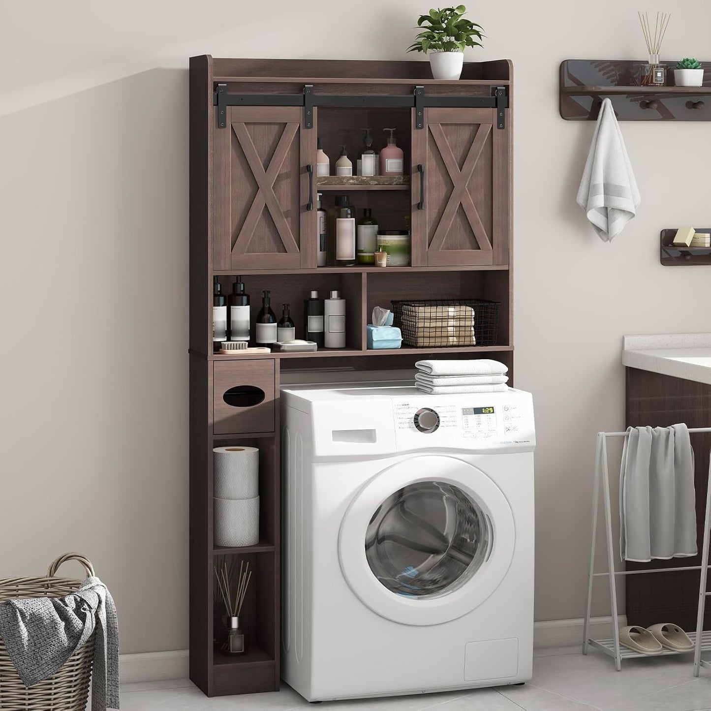 Vabches Over The Toilet Storage Cabinet, Farmhouse Storage Cabinet Over Toilet with Sliding Doors & Toilet Paper Holder Stand,Home Space-Saving Toilet Rack, for Bathroom, Laundry and Restroom