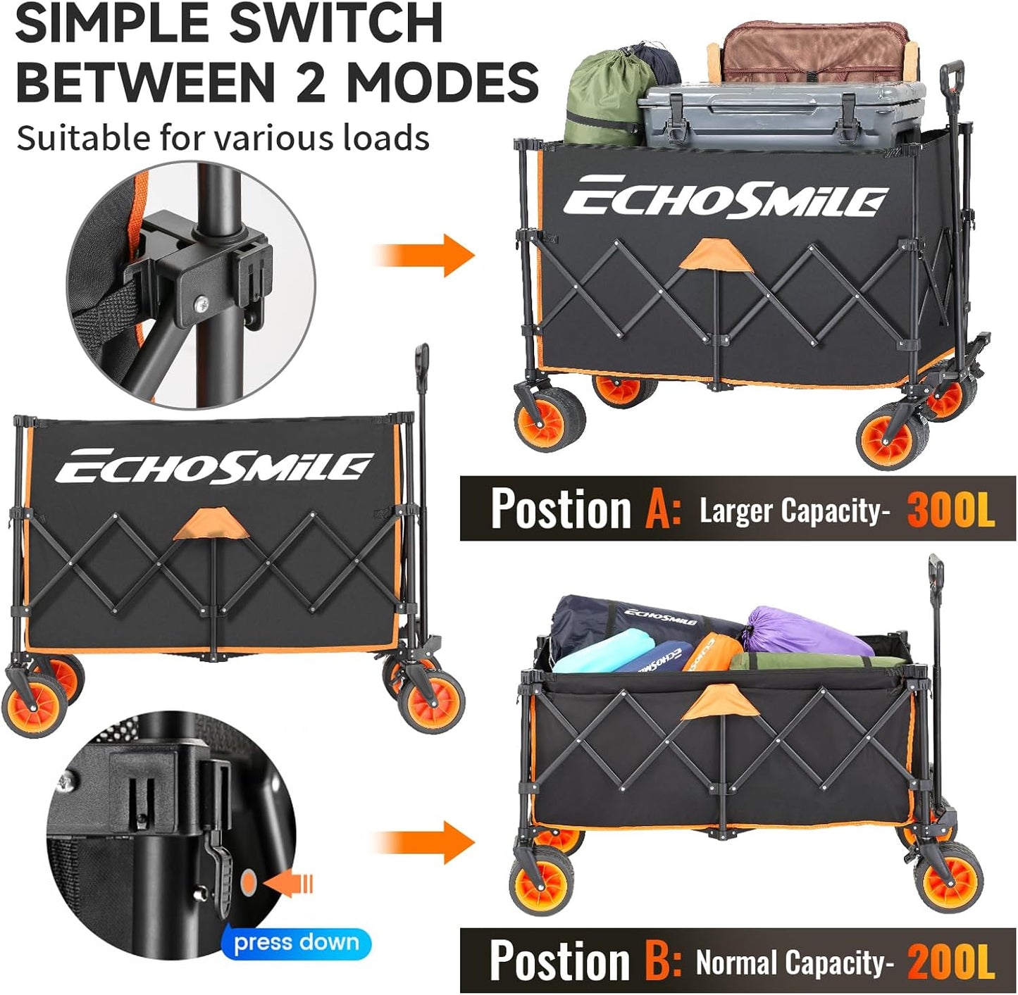 EchoSmile Collapsible Foldable Extended Wagon with 500lbs Weight Capacity, 300L Folding Utility Wagon Cart with Big All-Terrain Wheels for Beach,Sport,Gargen&Grocery,Black & Orange