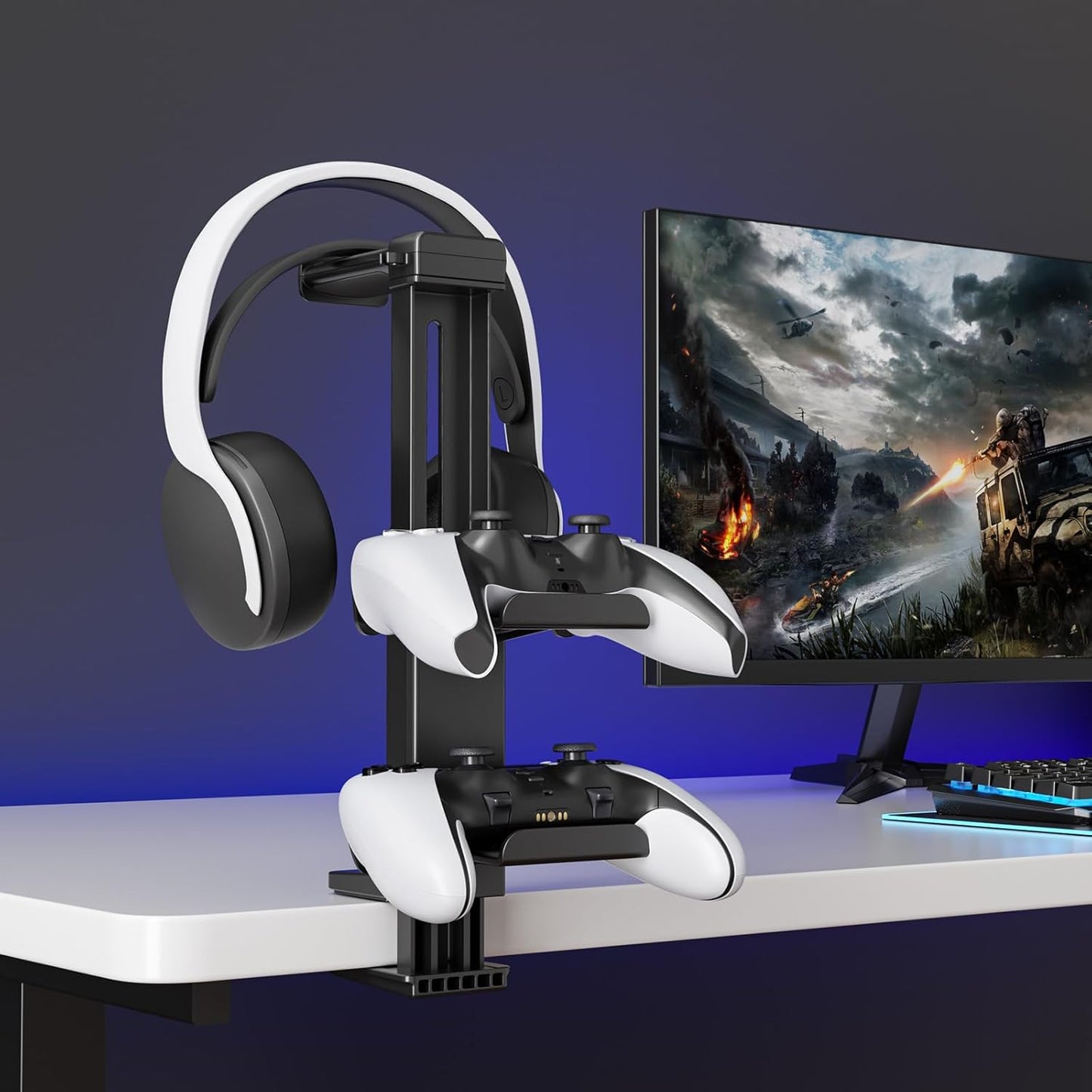 Controller Holder & Headphone Stand Under Desk with Adjustable Clamp, Controller Stand&Headset hanger for Desk Mount with 360° Rotating Hook & Cable Organizer, 3-in-1 Gaming Accessories Organizer