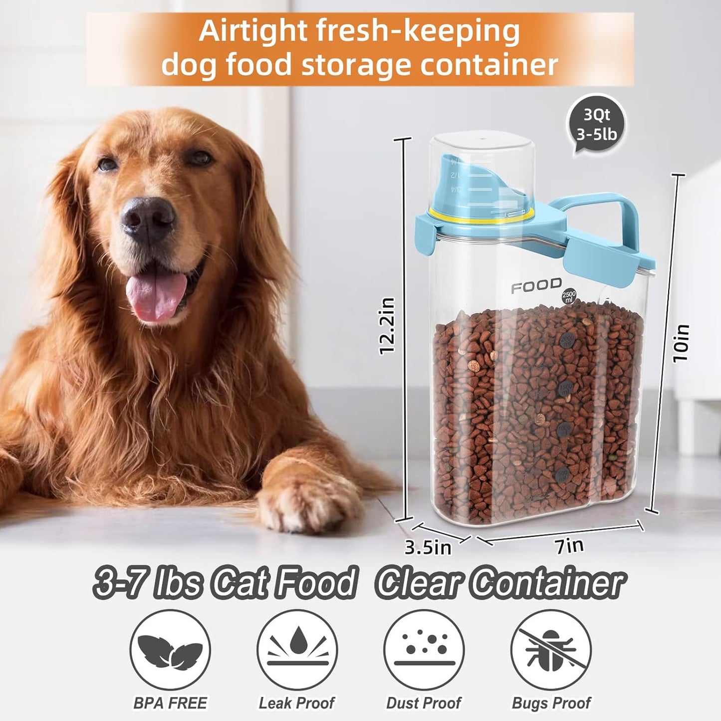 3-5 LBS Cat Dog Food Storage Container Upgraded Large Nozzle BPA-free, Plastic Pet Food Storage Containers With 4 Sealed Clasps, 1 Measuring Cup and With Folding Bowl (Blue 1Pack)