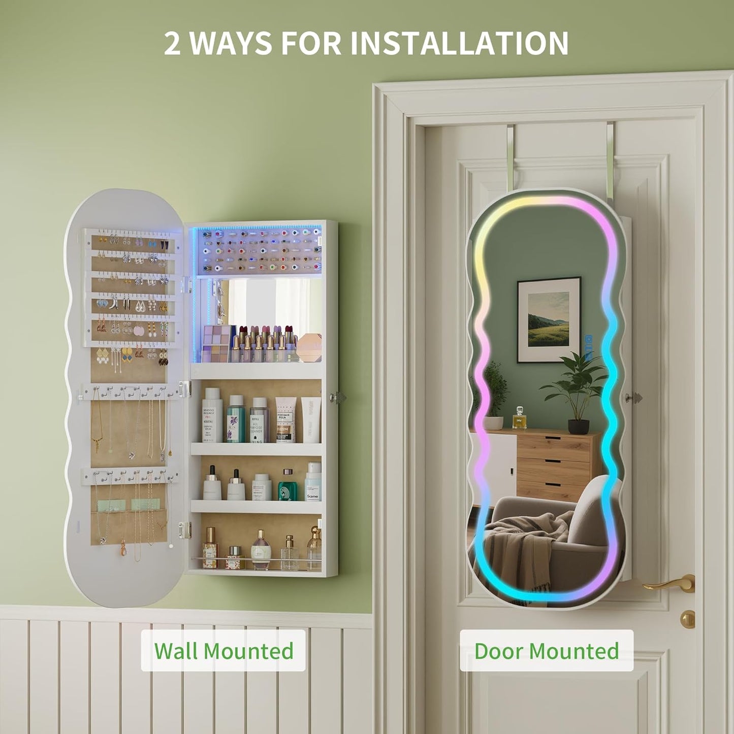 HNEBC LED Mirror Jewelry Cabinet with RGB Lights,42.5" Wall Mounted Jewelry Organizer with Full-Length Mirror,Over The Door Hanging Jewelry Armoire Storage Cabinet,Lockable,Wide Wavy Mirror