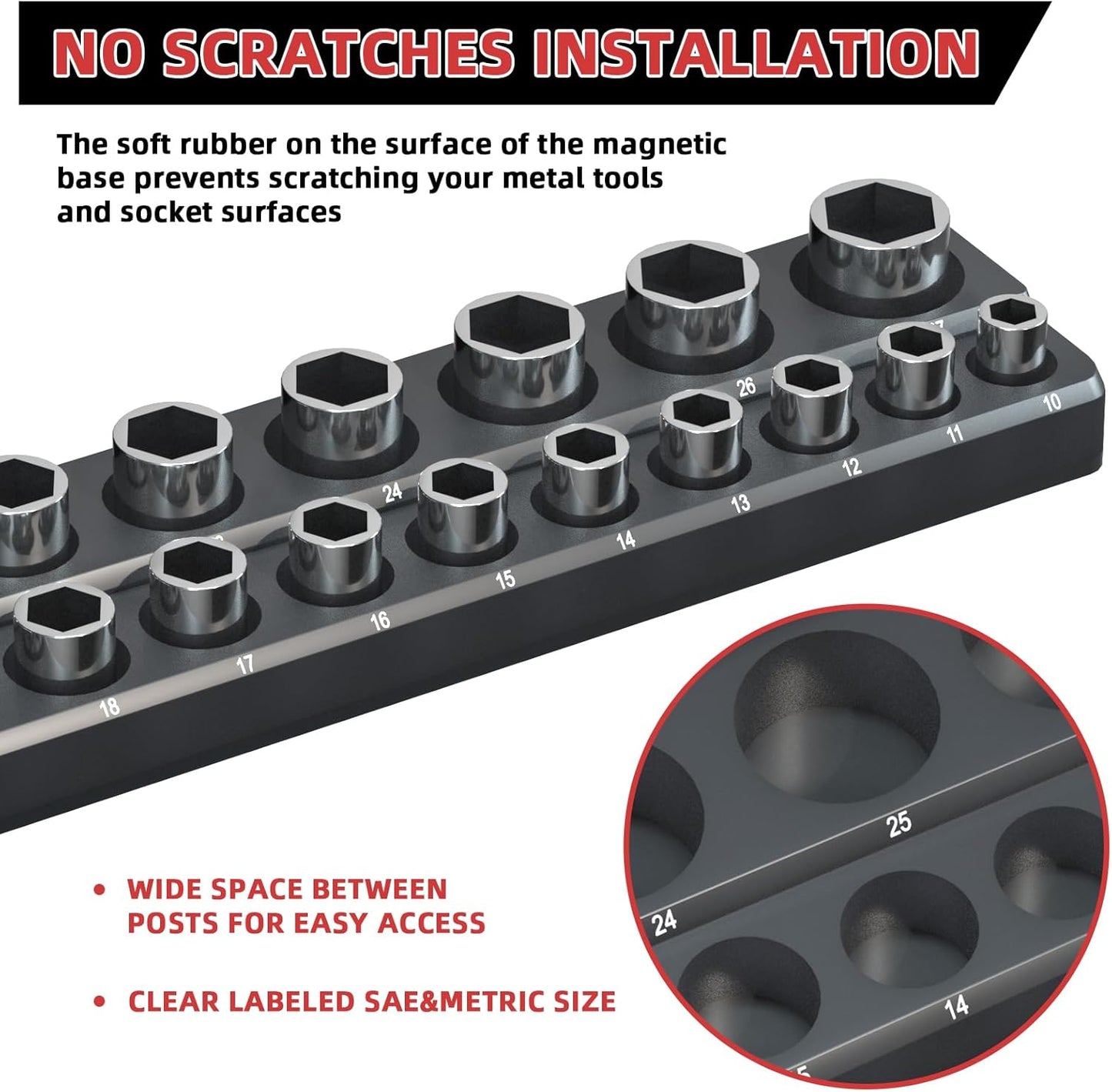 Magnetic Socket Organizer Holder Set – 3-Piece Tool Organizers Including 1/4", 3/8" and 1/2" Drive Socket Holder Metric 68 Pieces Socket Trays (Sockets are not Included) Black