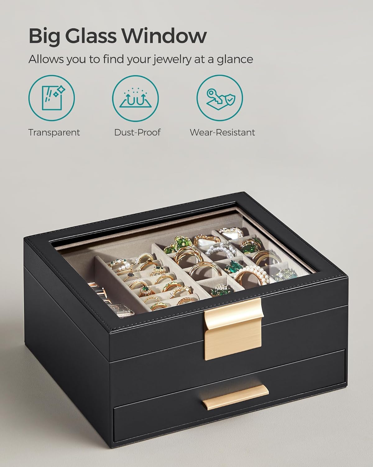 SONGMICS Jewelry Box Organizer with Glass Lid, 2-Layer Jewelry Storage, with 1 Drawer, Modern Style,Christmas Gift, 8 x 9.1 x 4.1 Inches, Graphite Black and Gold Color UJBC174B01