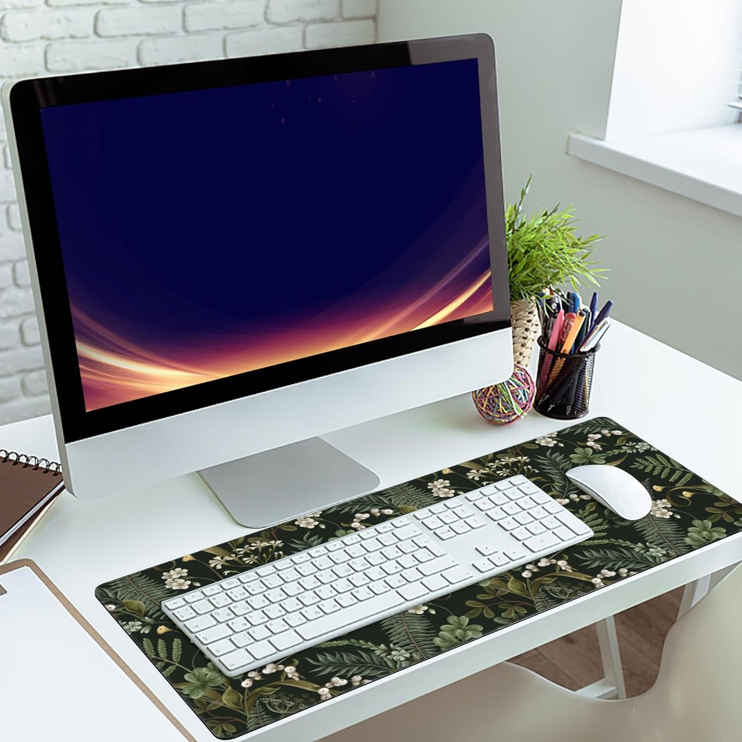 Desk Mat,White Flowers and Fern Gaming Mouse Pad,XXL Extended Mouse Pad Mat for Office,Computer,Keyboard with Non-Slip Base Stitched Eges Mousepad 35.4x15.75 inch
