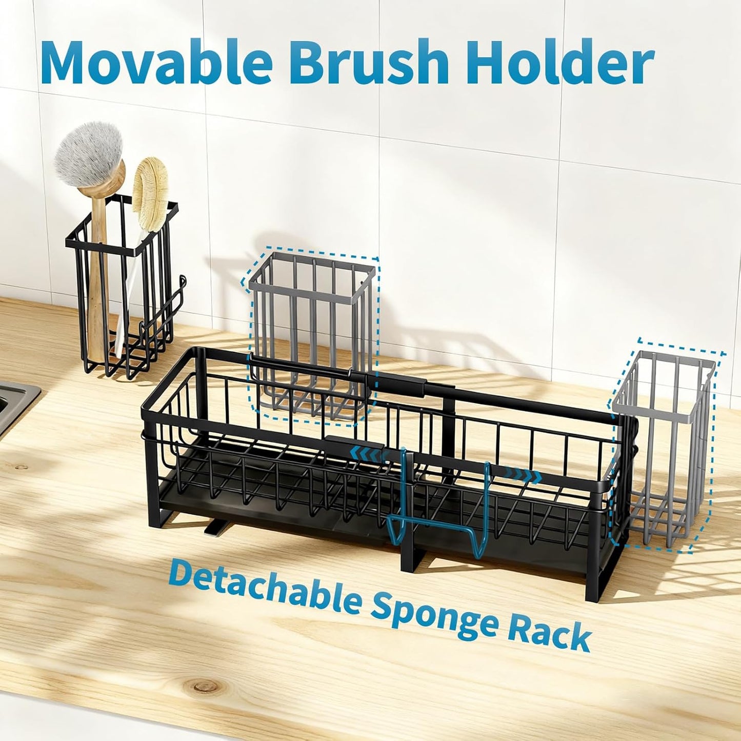 Extra Large Extendable Sponge Holder for Kitchen Sink, Rustproof Sink Caddy Organizer with High Brush Holder, Dish Soap Dispenser Organizers and Storage, Home Essentials Kitchen Countertop Accessories