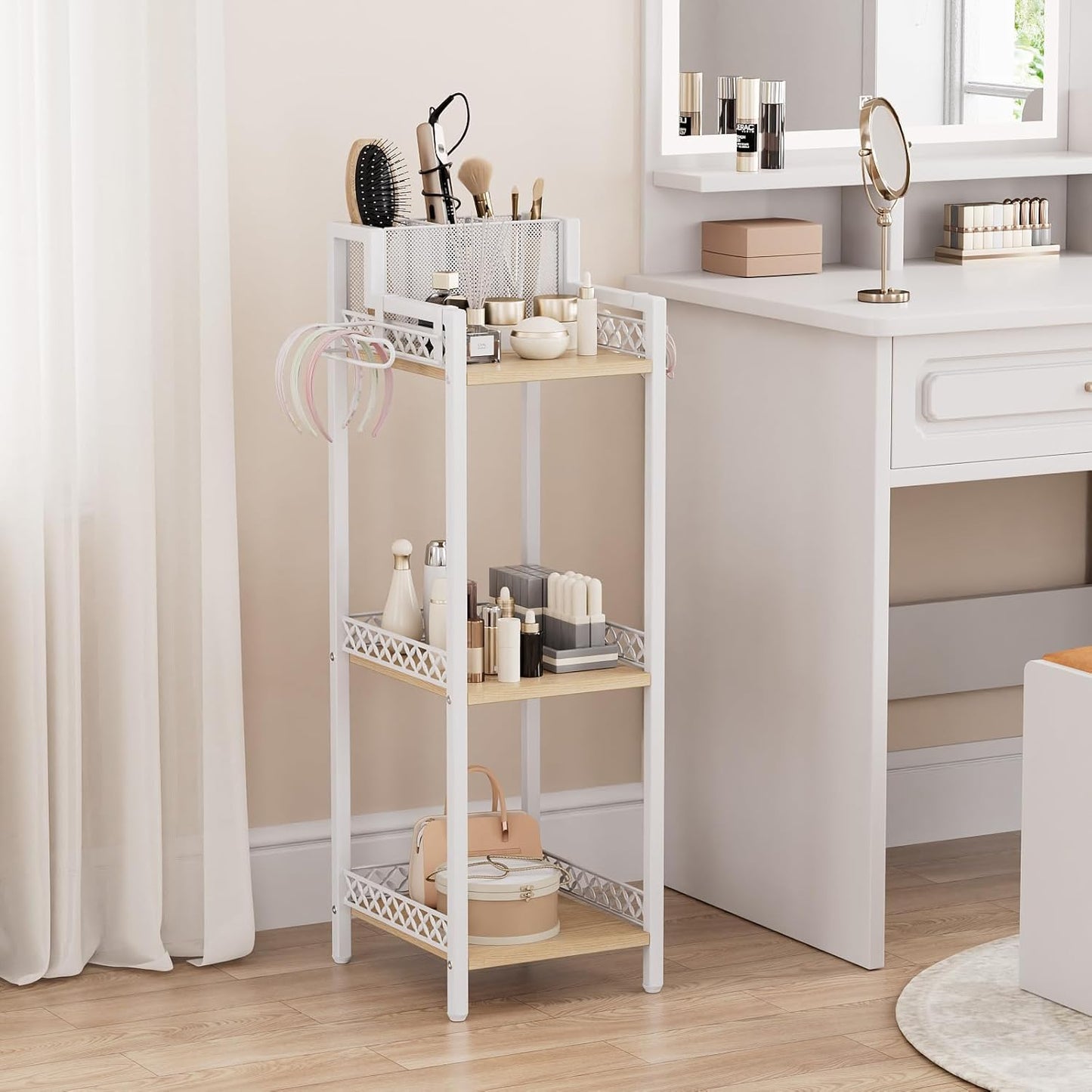 Slim Bathroom Storage Shelf Unit, 3 Tier Corner Storage, Rustic Makeup Organizer, Space-Saving Floor Standing Storage Shelves for Bathroom, Vanity,Kitchen, Laundry 9.85im Matte White