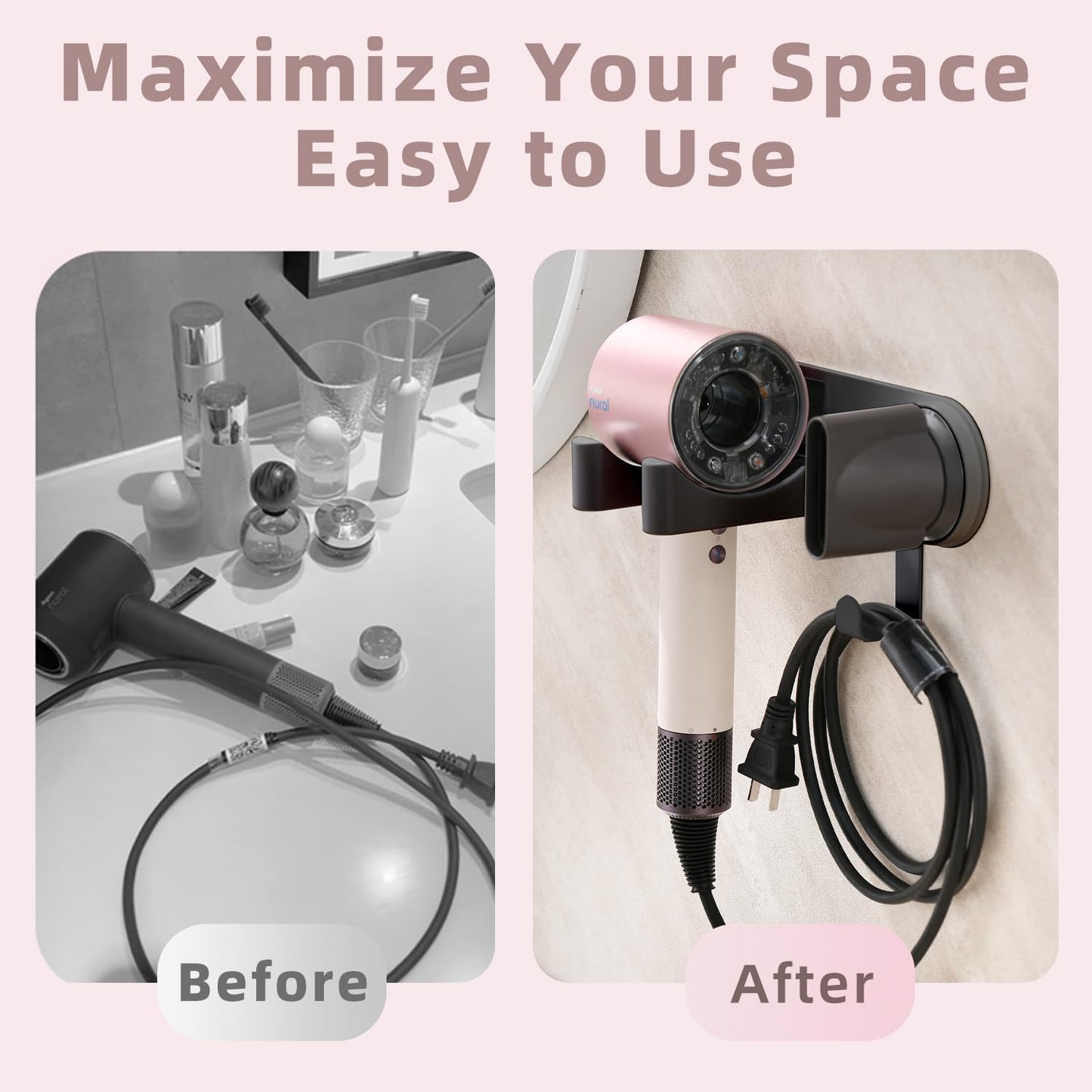 Hair Dryer Holder Wall Mounted, Blow Dryer Holder with Strong Magnet, Dyson Hair Dryer Holder Adhesive Aluminum Alloy Organizer for Bathroom Black UEMUSI