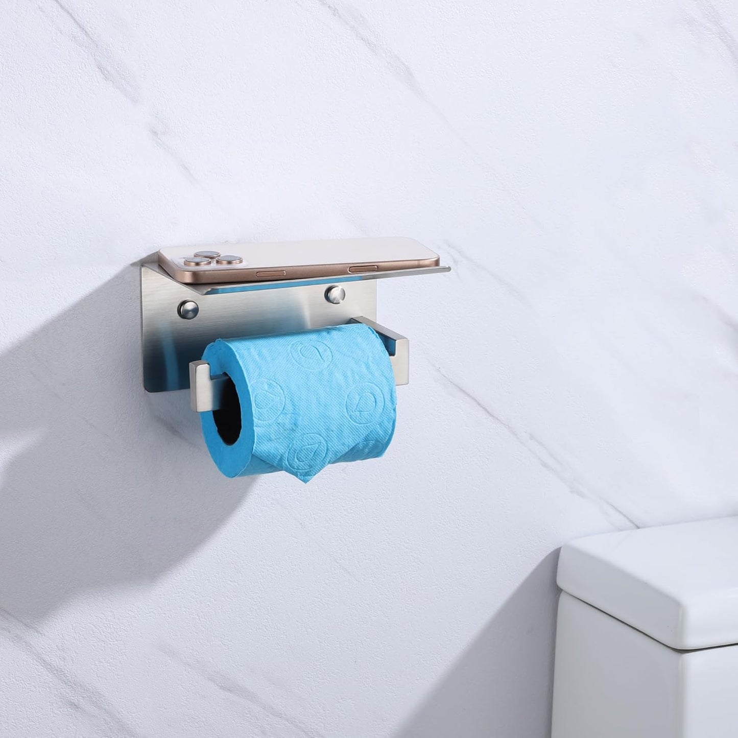 LANC Toilet Paper Holder with Shelf Brushed Nickel Toilet Tissue Roll Holder with Shelf for Bathroom Wall Mounted or Self-Adhesive Toilet Paper Roll Holder Stainless Steel, Left Rod, A8367BN-LF