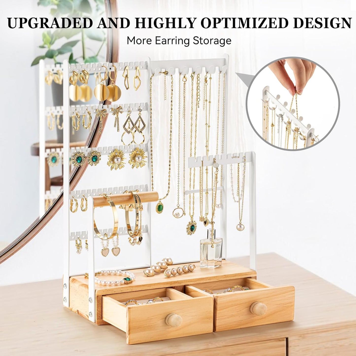 DreamGenius Jewelry Organizer Stand with 2 Velvet Ring Holder Drawers, 5 Tier Jewelry Holder Organizer with 11 Hooks for Necklaces and 145 Holes for Earrings, White