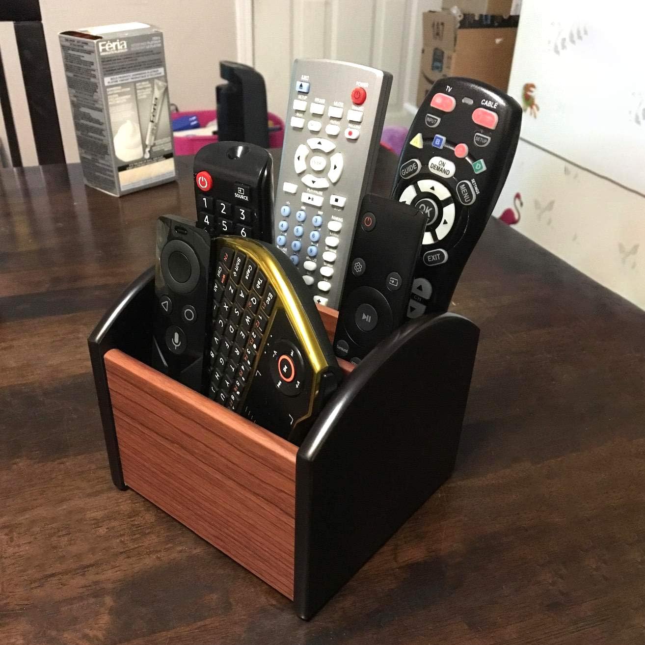 Coideal Remote Control Holder Caddy Wood, Rotating Wooden Pen Pencil Holder Organizer Medium Revolving Desktop Office Supplies Storage for Table (4 Compartments)