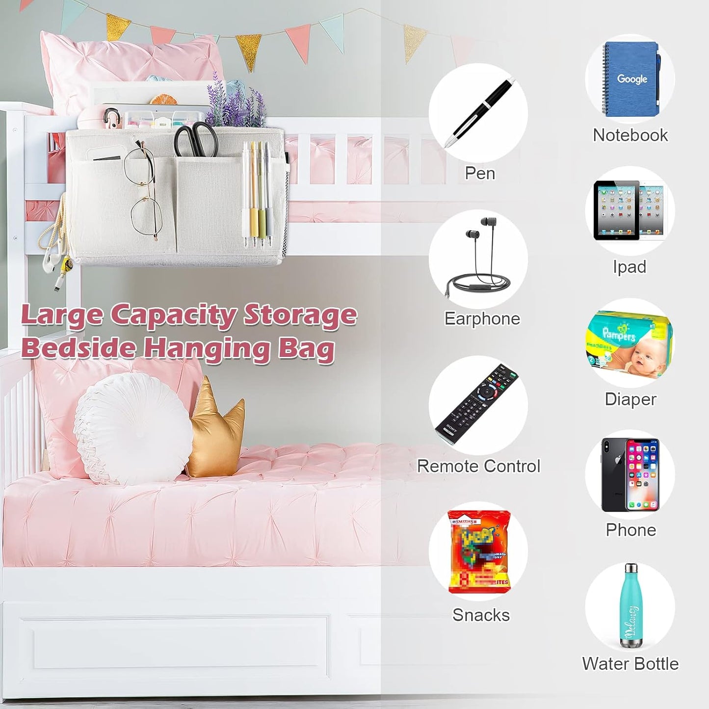 Bedside Caddy Hanging Storage with Water Bottle Holder for Bunk Bed Hospital Bed Dorm Rooms (White)