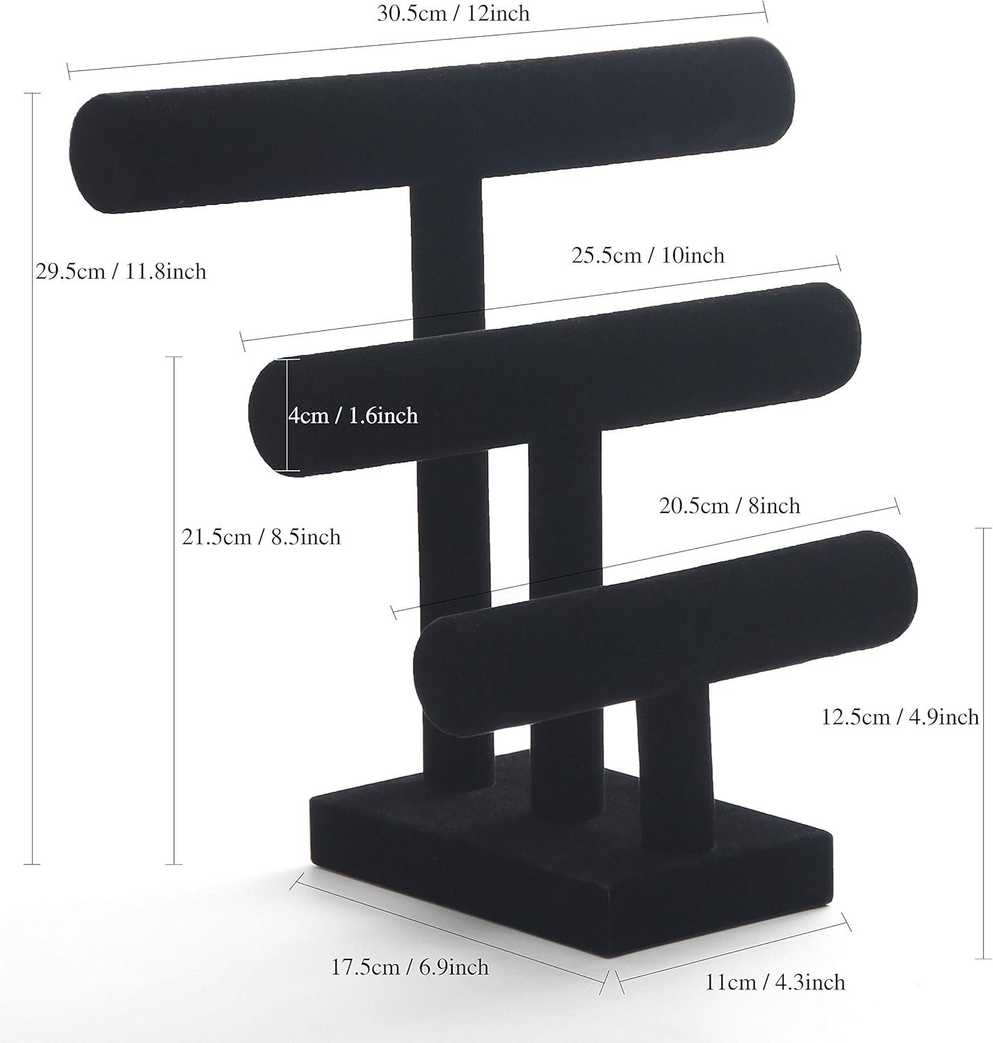 Wuligirl 3 Tier Bracelet Holder T-Bar Jewelry Stand Velvet Jewelry Holder Jewelry Display Bangle Organizer Storage Holder Velvet Black (3T Bar)