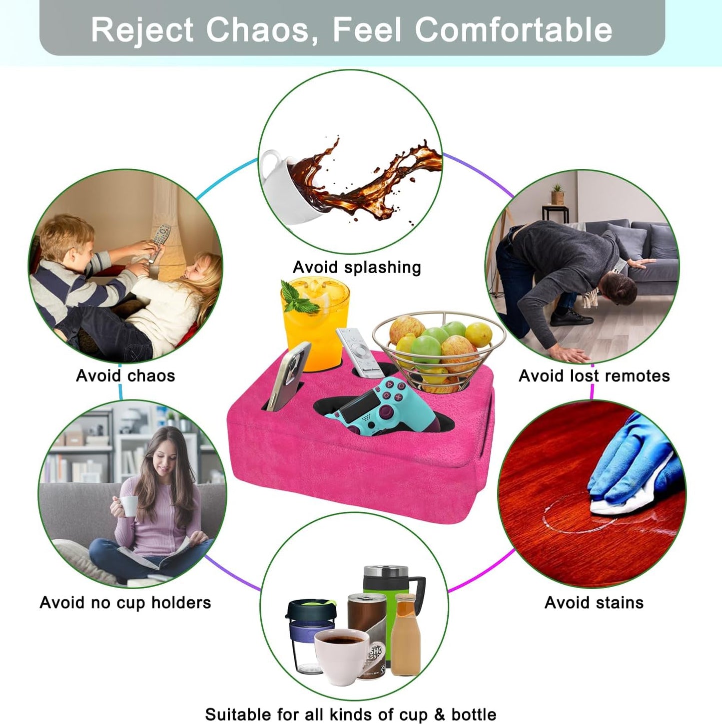 Couch Bed Cup Holder Pillow, Nisdoing 5 Hole Couch Drink Holder! Keep Drinks Hand Side and KeepTemp, Prevent Spills and Use Anywhere. Cup Holder for Couch, Bed,Camping,RV,Car,Beach.Pink