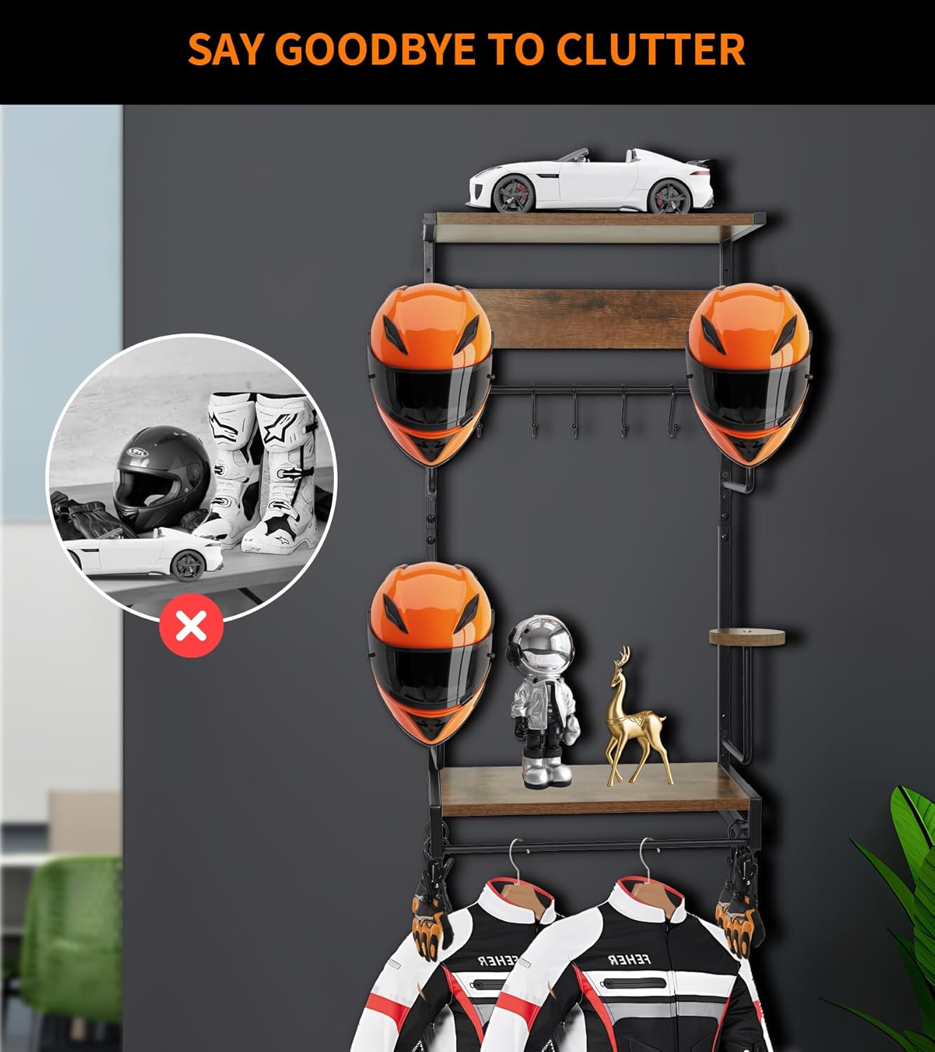 Motorcycle Helmet Rack Wall Mount, Retro Rust Helmet Holder with Wood Floating Shelf and Hooks for Storage