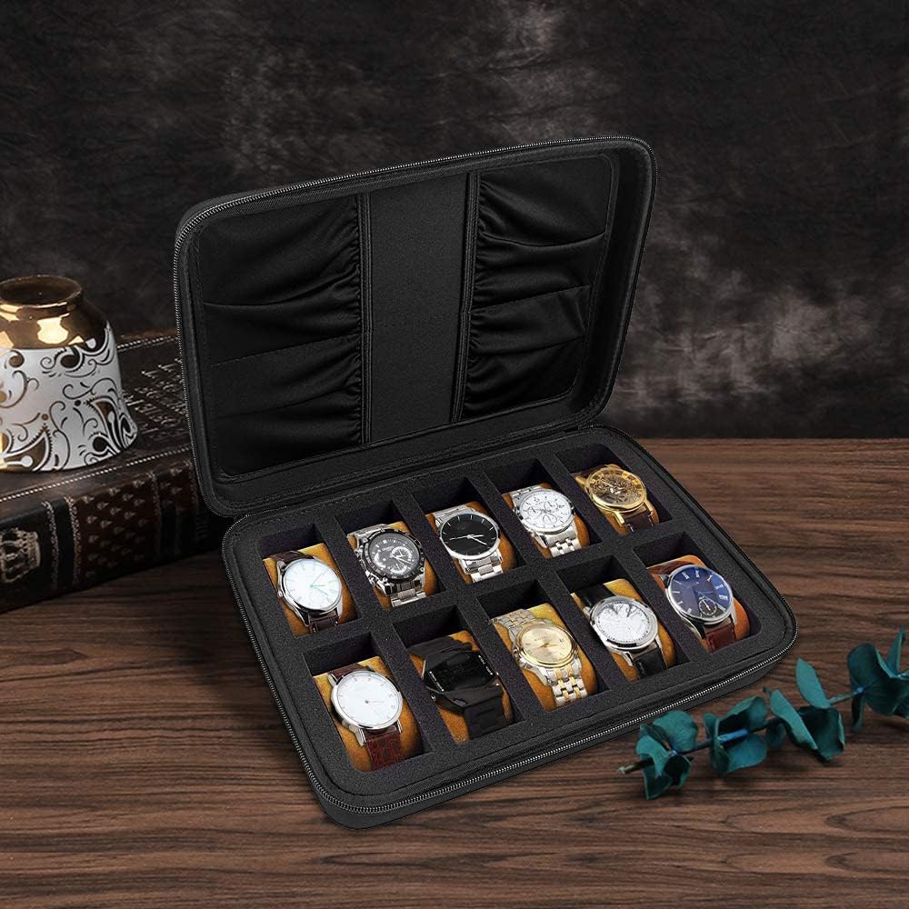 Comecase 10 Slots Watch Box Organizer/Men Watch Display Storage Case Fits All Watches up to 42mm with Extra 4 Pocket (Black)