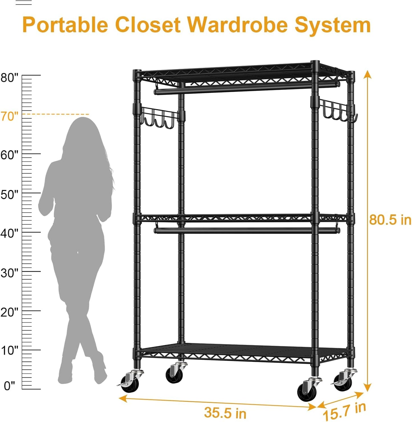 P1 Rolling Clothes Rack, Portable Wardrobe Closet with Wheels, Heavy-Duty Closet Clothing Rack for Hanging Clothes, 35.5" W x 15.7" D x 80.5" H, Hold 500lbs, Black