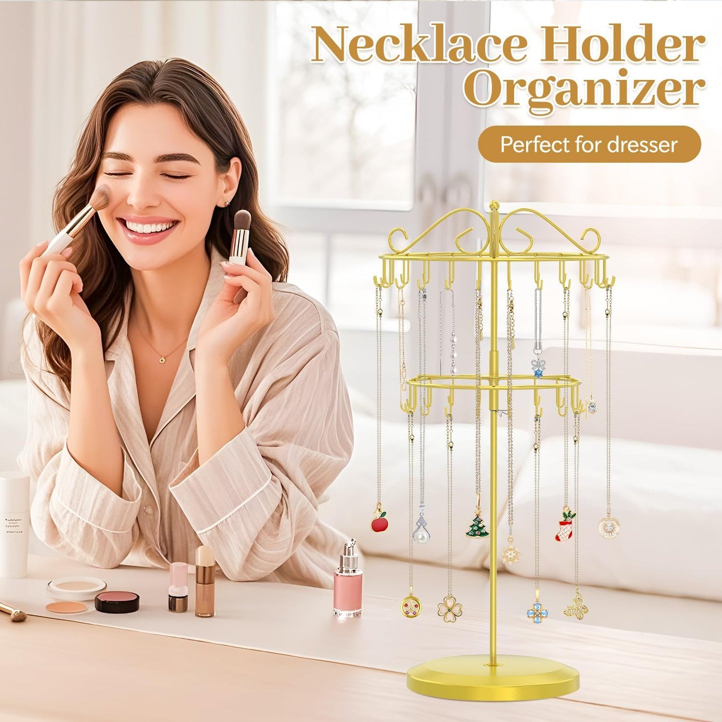 MODOWEY Rotating Necklace Holder Organizer Display Stand with 42 Hooks, 2 Tier Adjustable Metal Tree for Long Necklace Hanger Selling, Tall Spinning Bracelet Storage Rack for Men Women, Gold