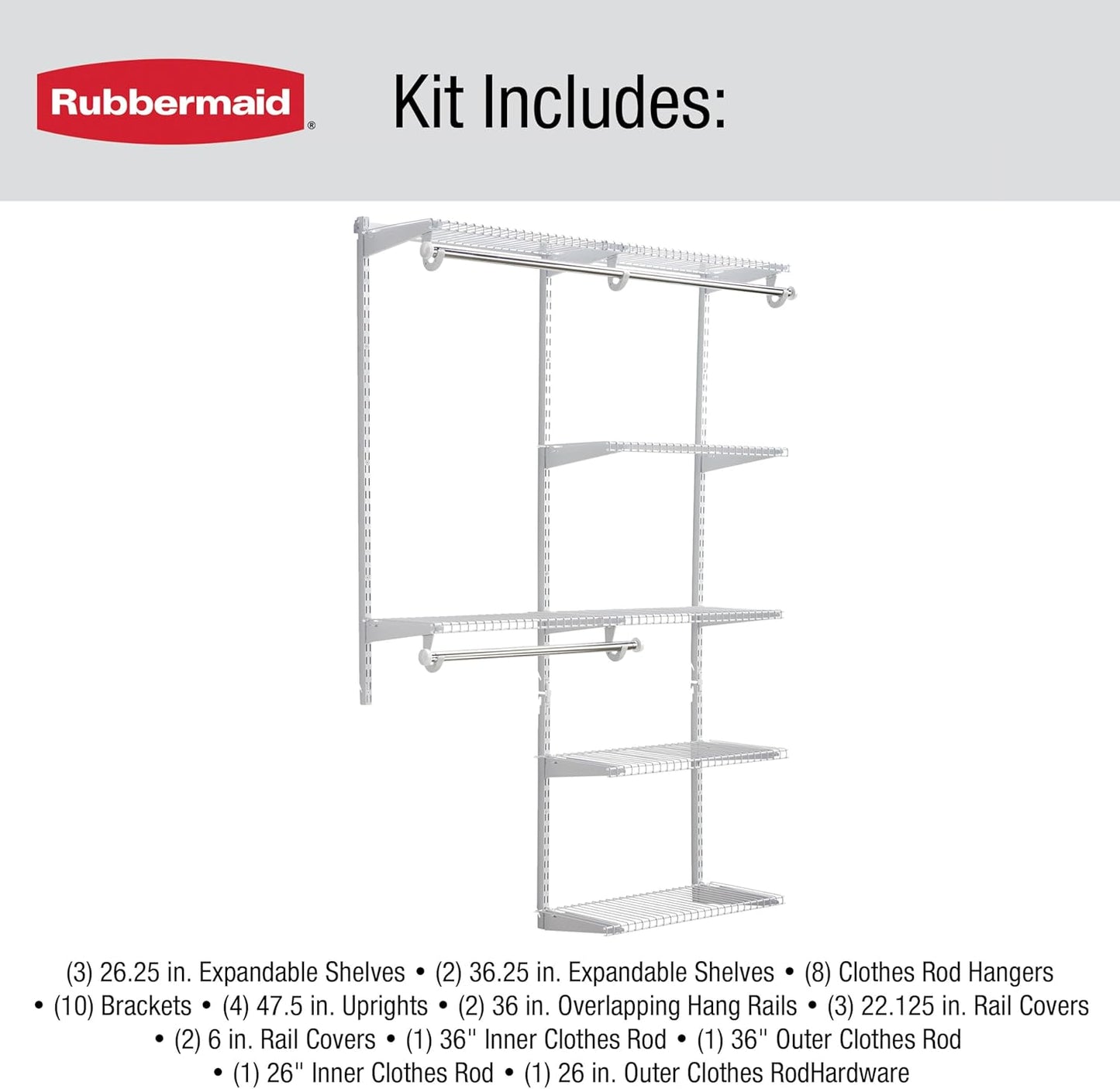Rubbermaid Configurations Custom Closet Kit, 3-6 Ft. Adjustable Metal Wire Shelving, Titanium Finish, Expandable Organization System, Hardware Included, for Home Closet/Pantry/Laundry/Mudroom