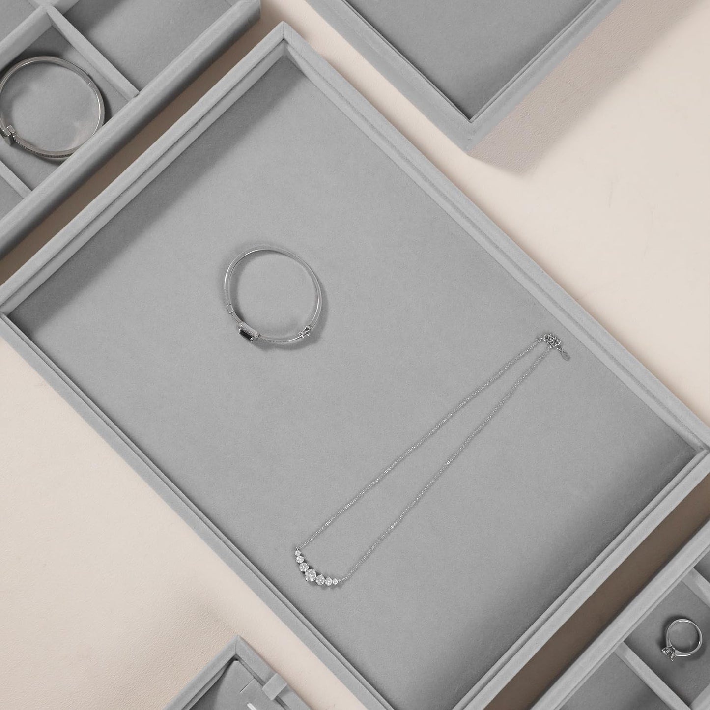 Velvet Stackable Jewelry Display Flat Tray For Ring Earring Necklace Bracelet, Bangle Pendant Storage Blank Plate, Shop Countertop Jewelry Dish Organizer (Gray)