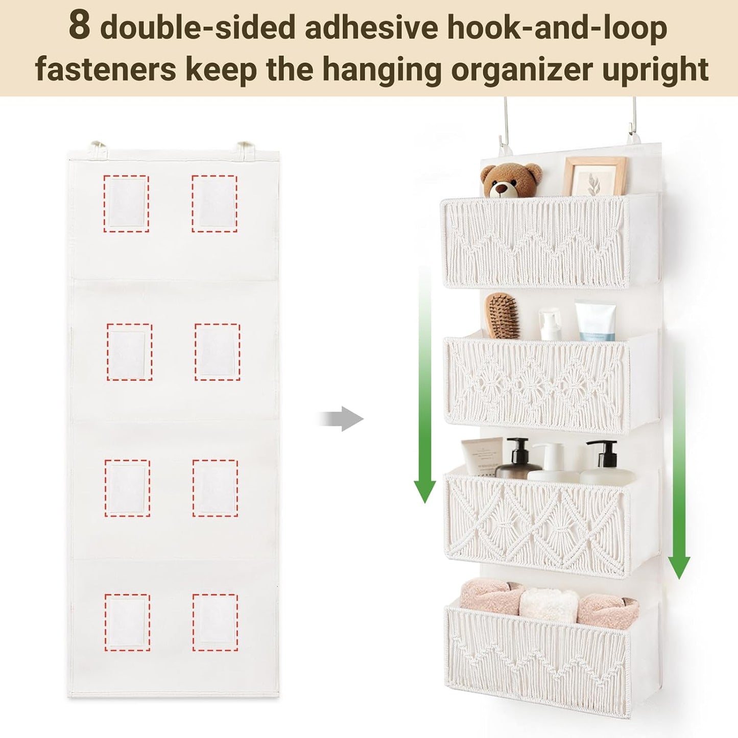 Dahey Over The Door Organizer Macrame Boho Nursery Storage Decor with 4 Large Woven Pockets Closet Behind Hanging Organizer for Bedroom Nursery Bathroom Apartments Dorm Pantry Decoration,White