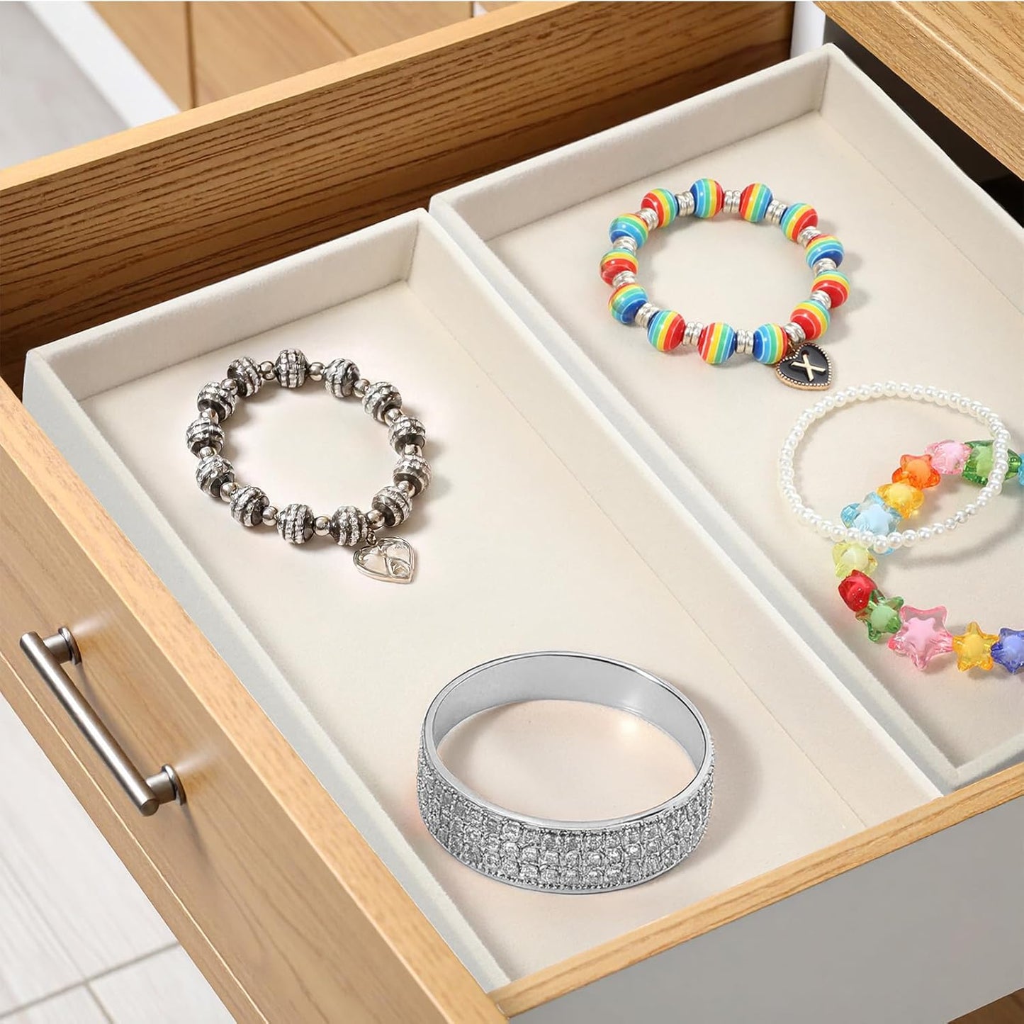 8pcs Small Velvet Jewelry Trays,Beige Stackable Jewelry Trays Drawers Organizer Inserts,Jewellery Storage Tray for Necklaces, Earrings, Rings, Bracelets, 8.3 x 4.9 x 1 Inches