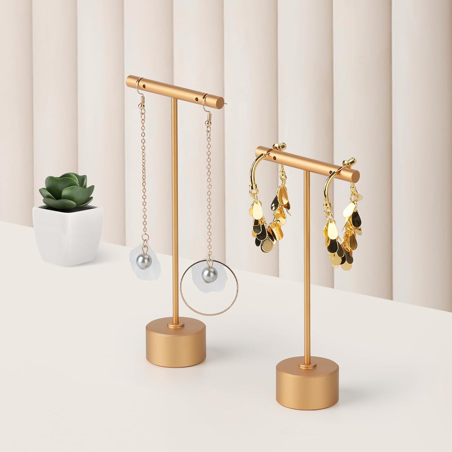 Metal Earring Stand Display Round Base Earring T Bar Display Necklace Bracelet Ring Ear Studs Jewelry Display Rack for Vendors Photography and Showcase, Gold 2pcs Height 5.31" and 4.52"