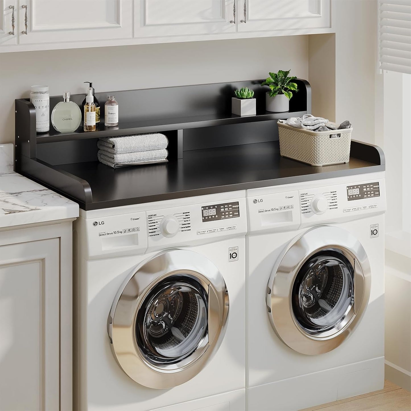 2-Tier Washer Dryer Countertop with 2.75"H Edge Rails, 54" W x 27.55" D Laundry Countertop for Folding Clothes, Washer and Dryer Topper with Non-Slip Pad (Black)