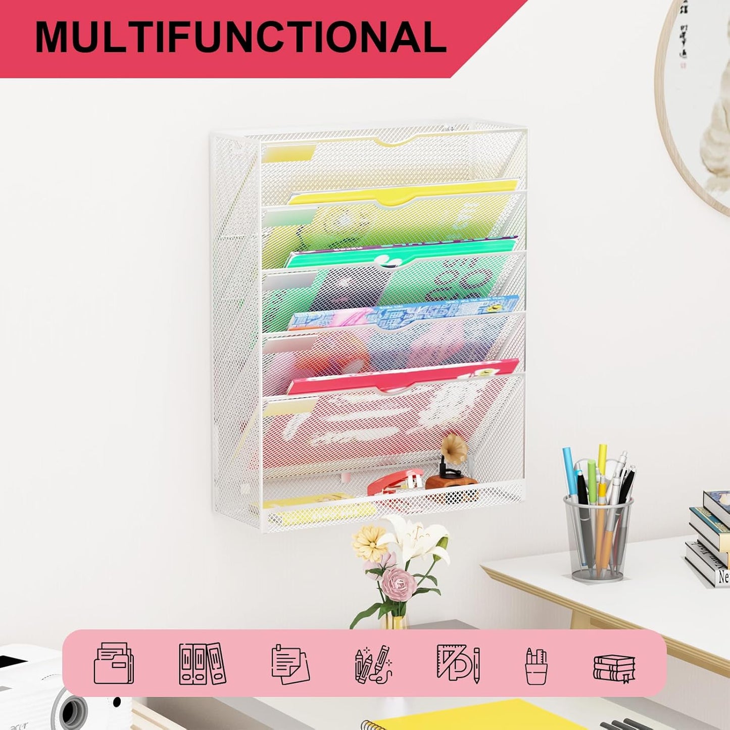 Hanging Wall File Organizer 6 Tier Wall Mounted File Holder Document Wall Organizer Magazine Organization for Office Home, Silver