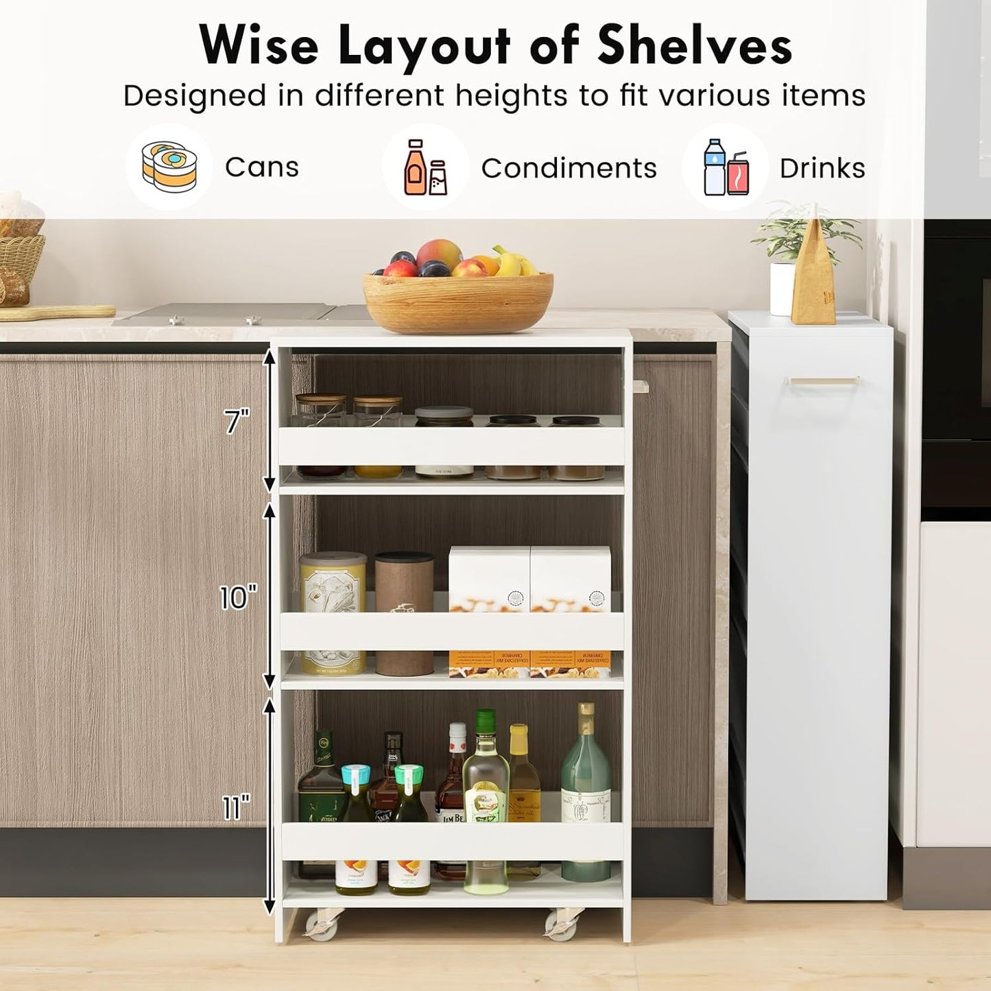 LOKO 4-Tier Rolling Storage Cart, 8 Inches Slim Kitchen Cart on Wheels with Open Shelves & Handle, Laundry Room Cart Between Washer and Dryer, for Narrow Space Bathroom Next to Fridge (White)