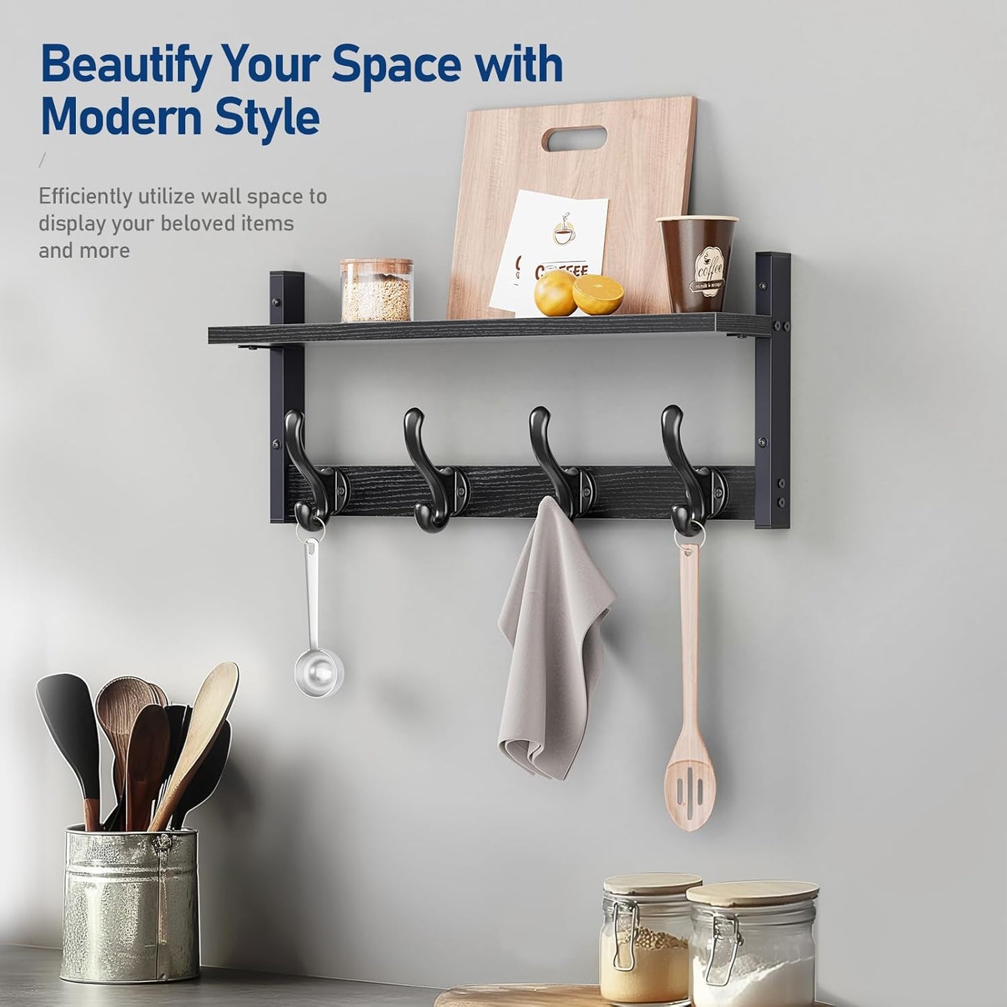 Tatub 20" Rustic Coat Rack Wall Mount with Shelf, Wall Hooks with Shelf, Heavy Duty Entryway Organizer Hangers for Hanging, Hat, Bag, Jacket for Bathroom, Living Room, Bedroom, Black