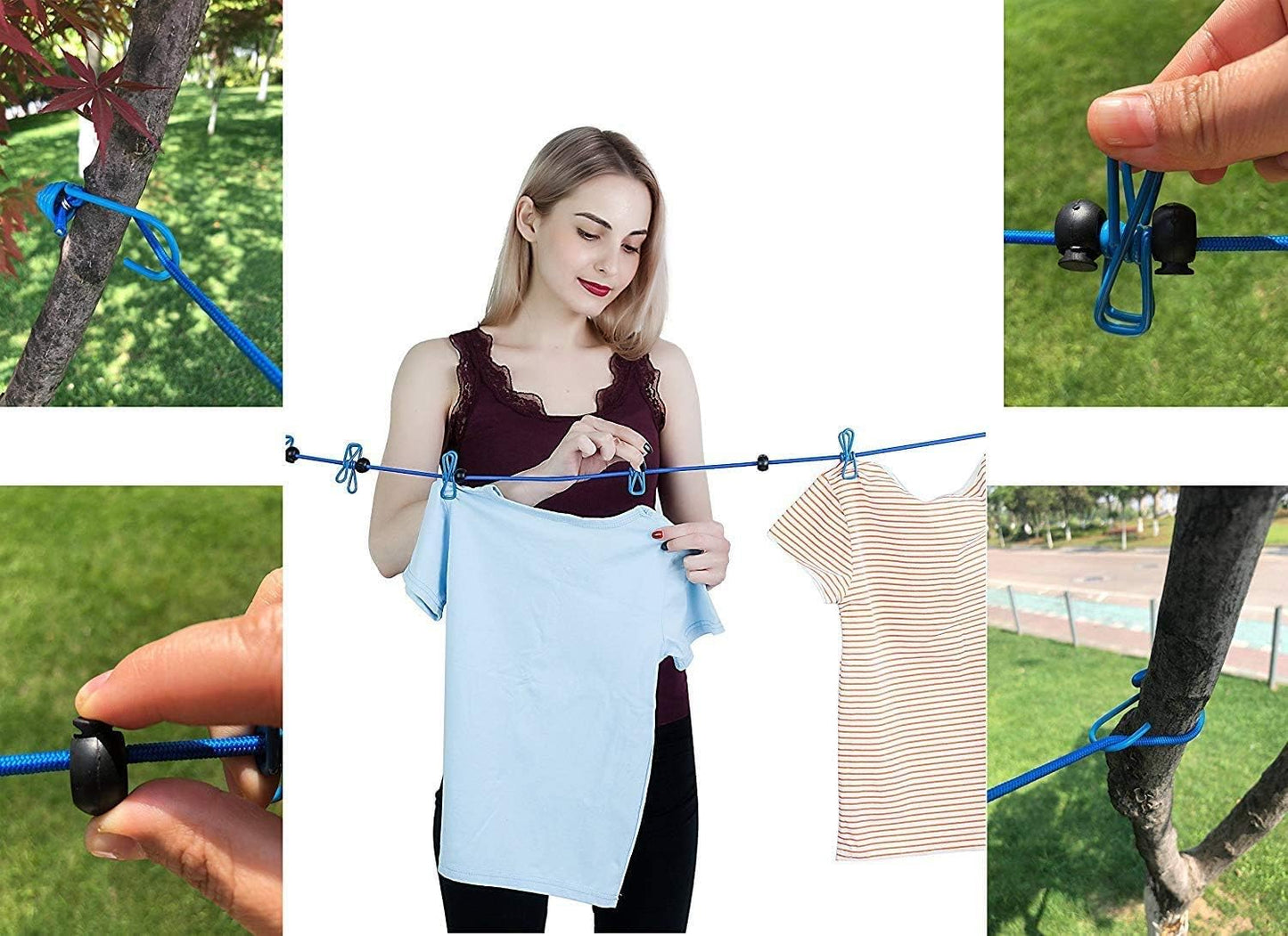 1 Pack Portable Clothesline with 12 Clothespins, Windproof Travel Clothesline Stretchy Retractable Elastic Laundry Clothes Line for Backyard, Vacation Hotel, Balcony Clothes Drying Line