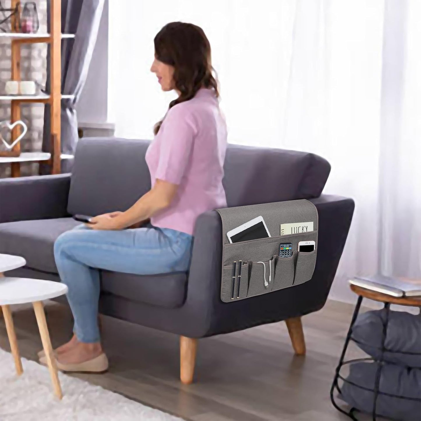 NB Sofa Armrest Organize remote holder bedside caddy organizer with 5 pockets,non-slip couch remote control holder couch armchair caddy accessories (Dark Grey, 35''x18'')