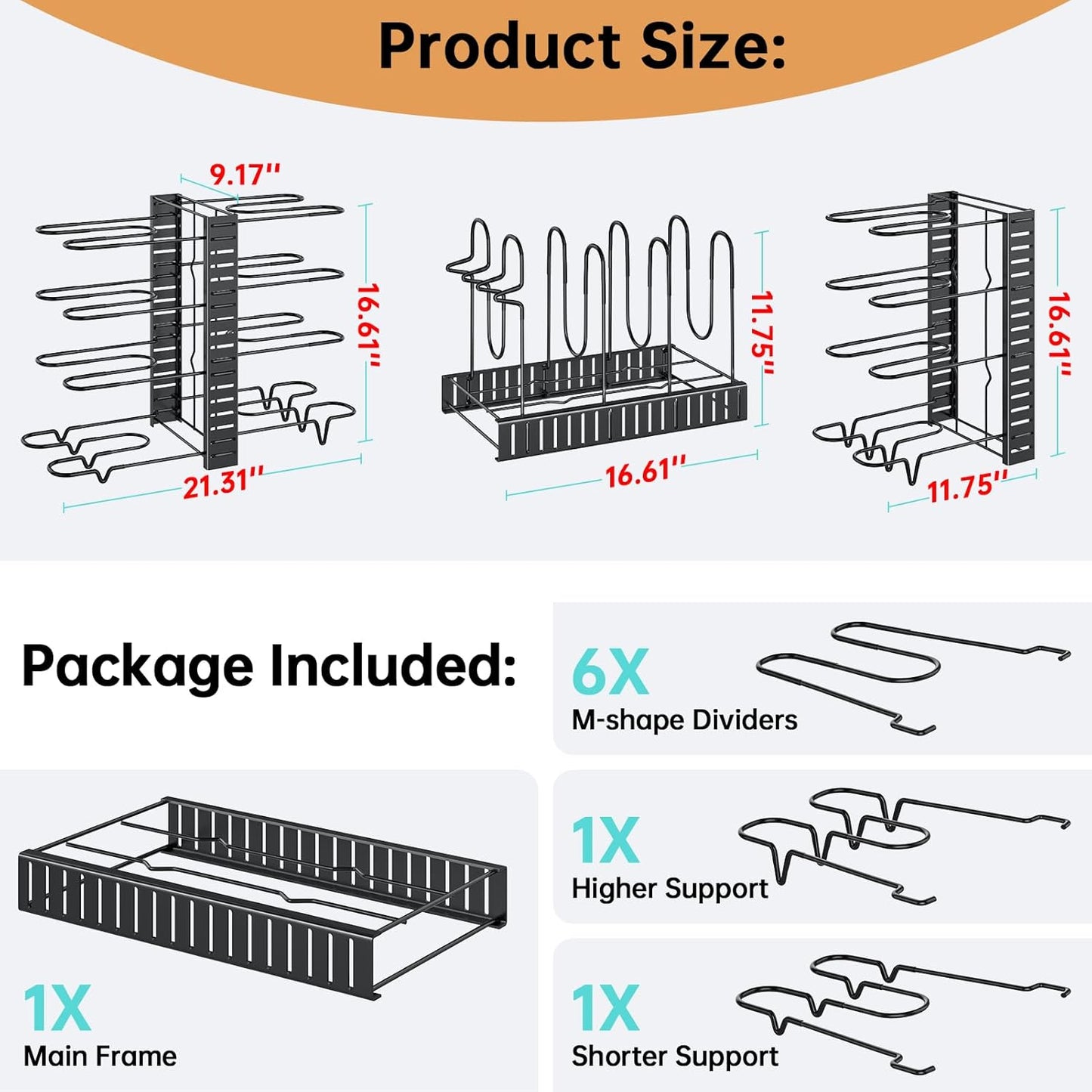 MUDEELA Pots and Pans Organizer Rack under Cabinet 16.61 Height, 8 Tiers Adjustable Pot Pan Rack with 3 DIY Methods, Pot Lid holder for Kitchen Cabinet Organizers and Storage