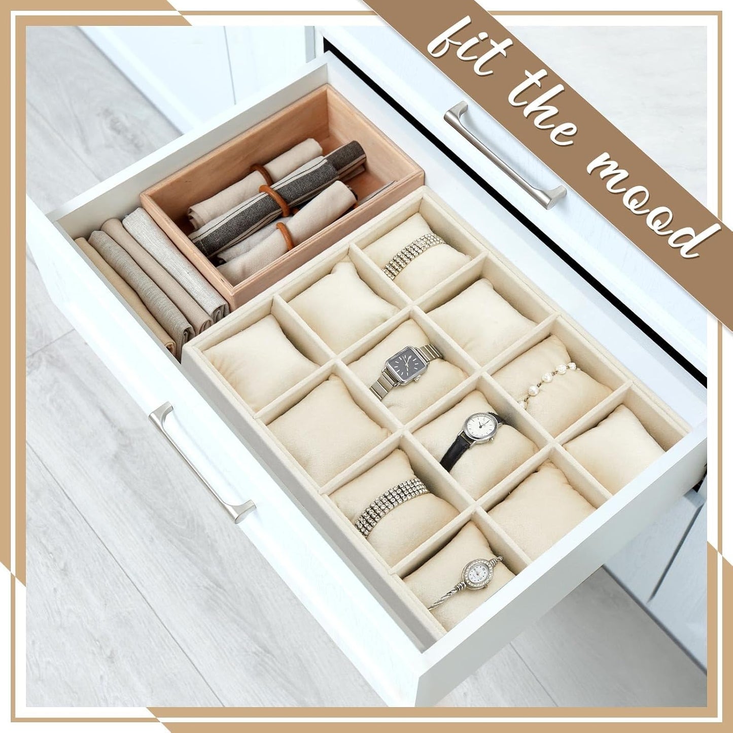 Henoyso 2 Pieces 12 Grid Velvet Watch Tray Jewelry Organizer Stackable Watch Bracelet Bangle Display Holder Adjustable Pillow(Beige)