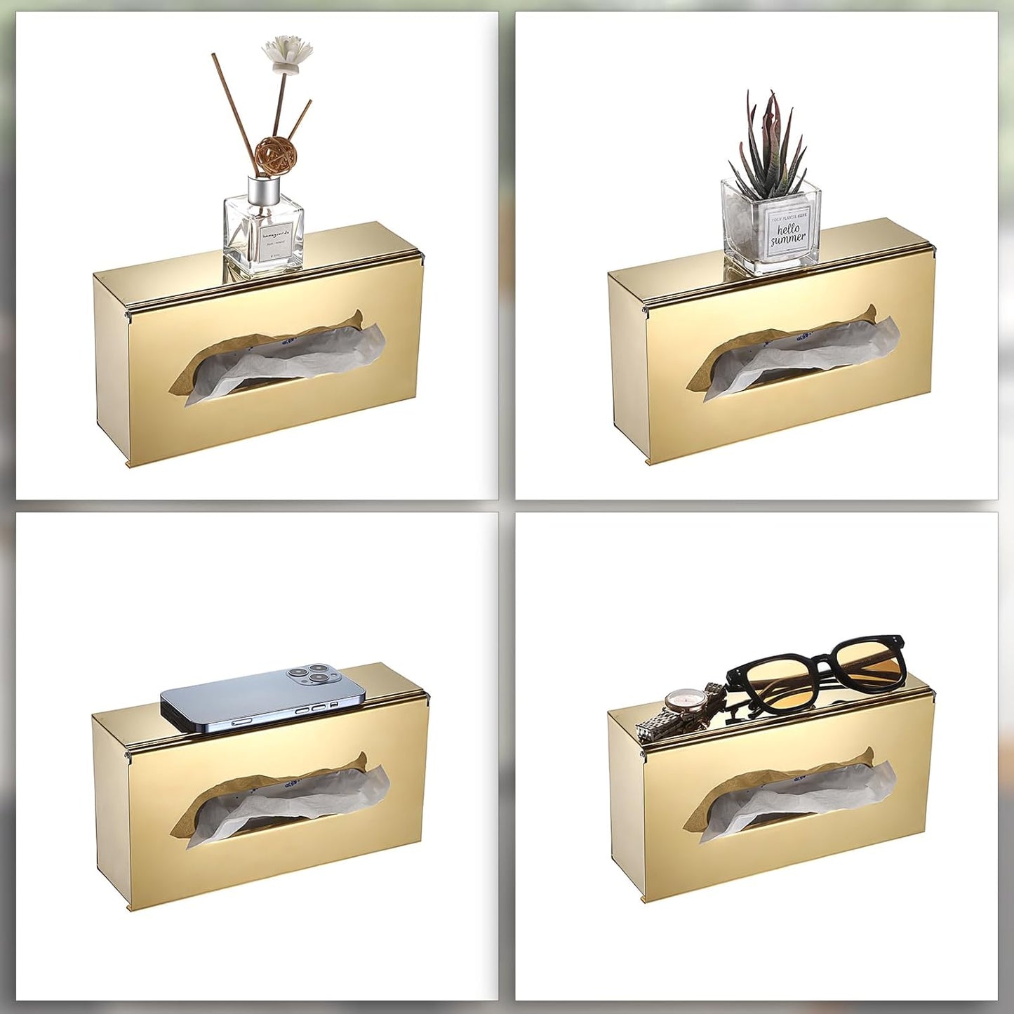 Sumnacon Tissue Box Cover Rectangle Stainless Steel Tissue Box Stylish Tissue Box Holder, Modern Tissue Cover for Bathroom Toilet Bedroom Living Room Kitchen Table Desk Office, Gold
