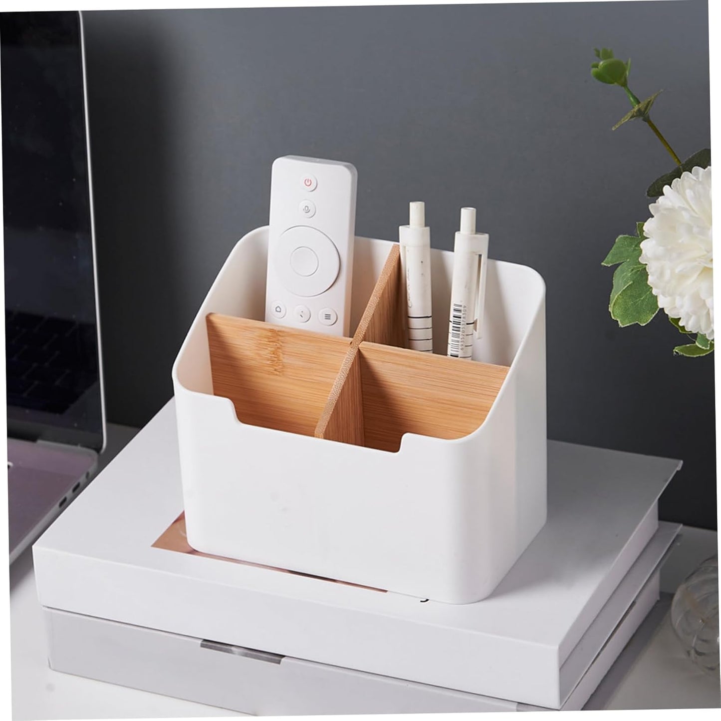 Remote Control Holder, Wood and Plastic Remote Control Holder with 4 Compartments, Multifunctional Desk Storage Organizer Box