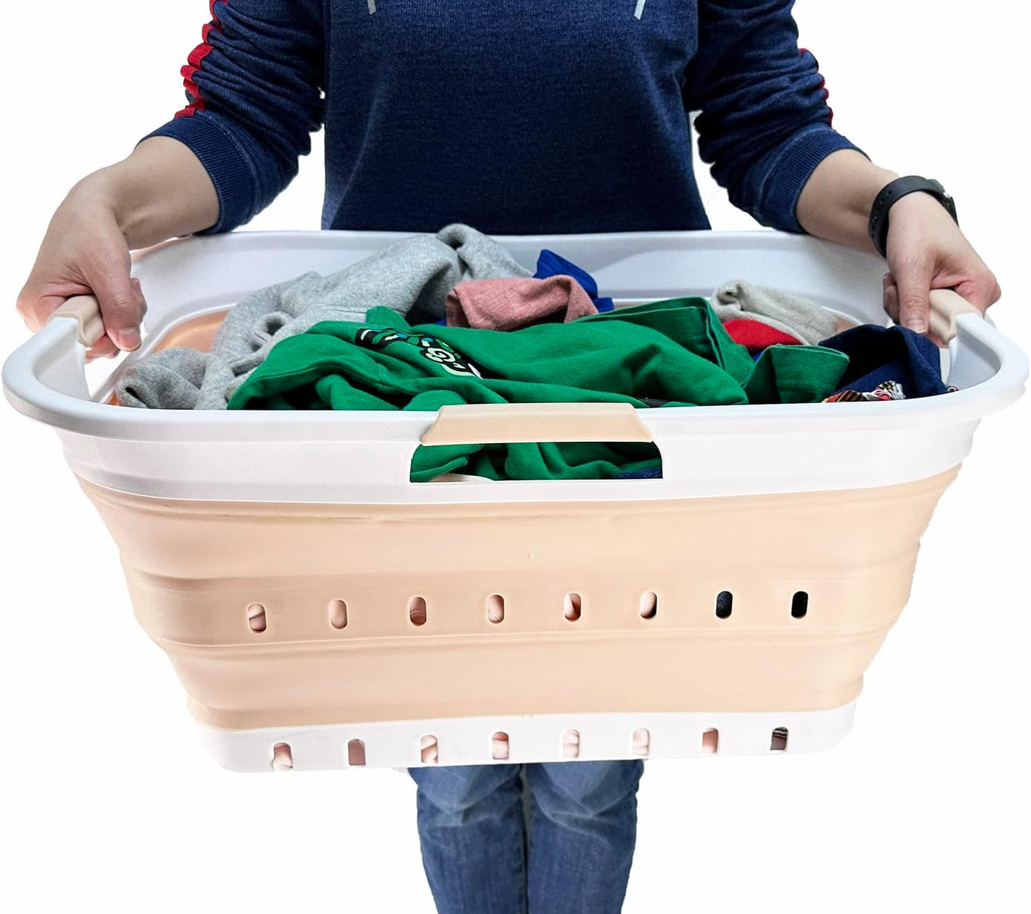 SAMMART 42L (11 gallon) Collapsible Plastic Laundry Basket - Foldable Pop Up Storage Container/Organizer - Space Saving Hamper/Basket (White/Beige)