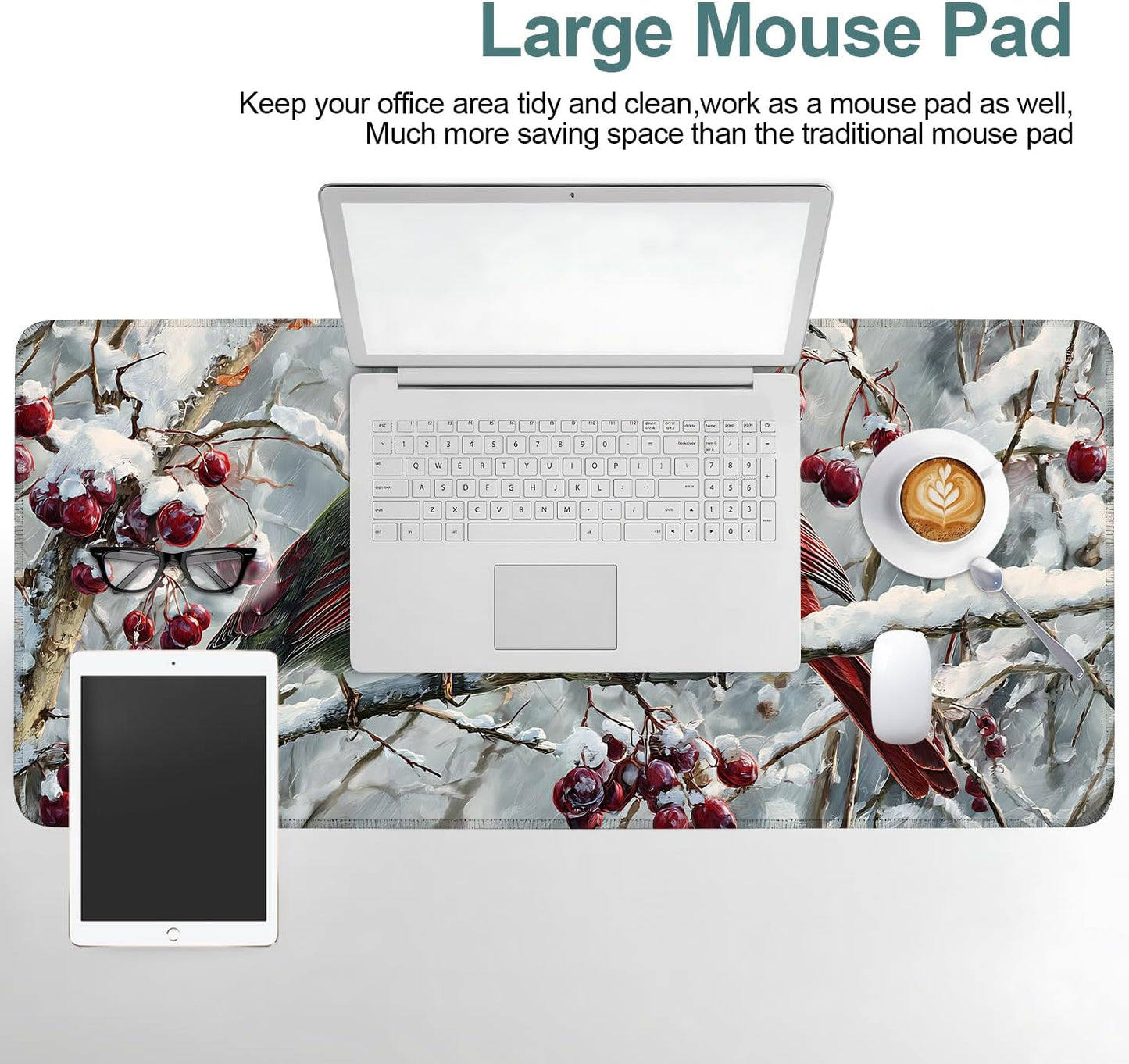 Winter Cardinal Bird Gaming Mouse Pad 35.4"x15.7"Desk Mat Anti-Slip Rubber Base & Durable Stitched Edges for Gamers Smooth Mouse Writing Surface for Desk Office/Home