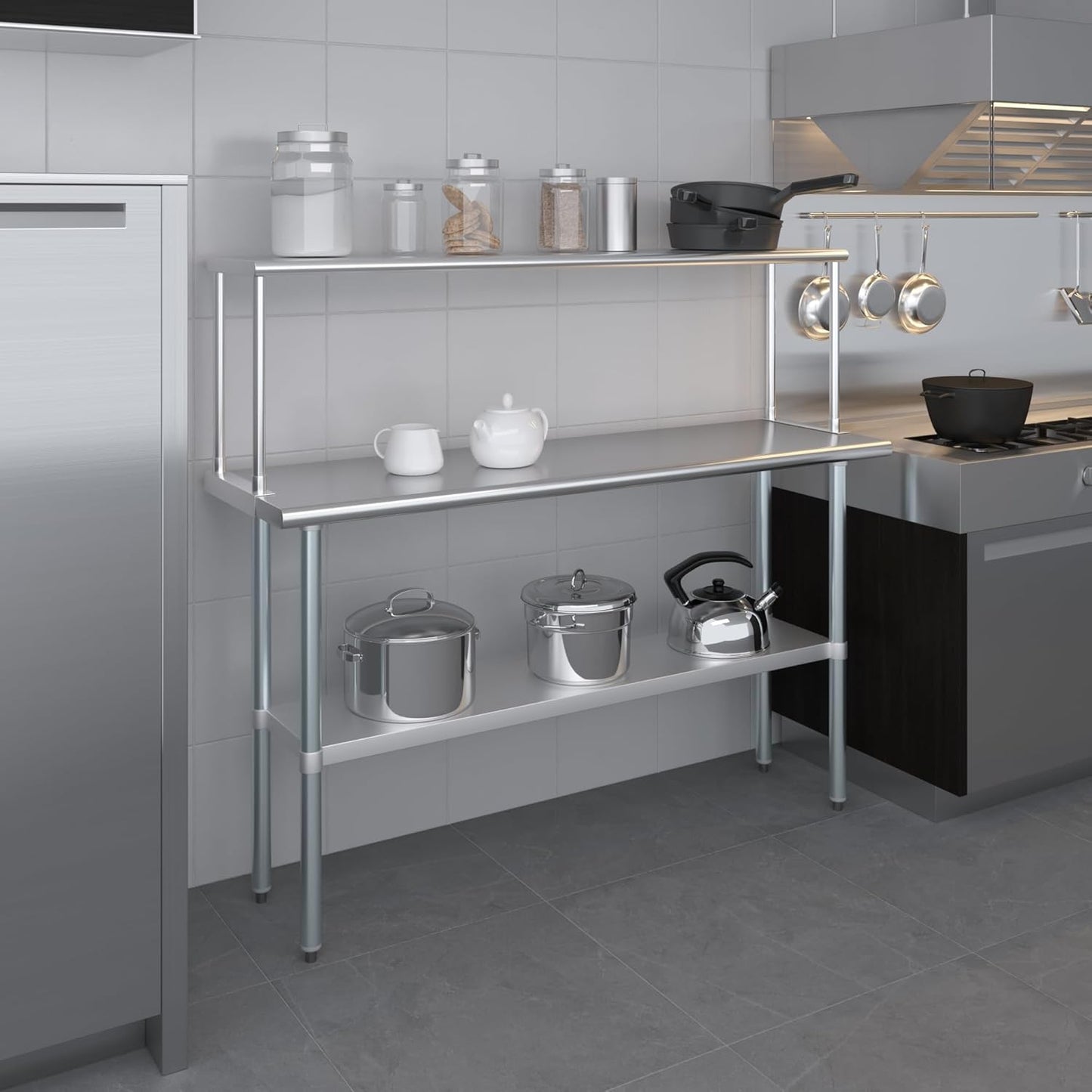 Stainless Steel Work Table with Wide Single Tier Overshelf | Metal Kitchen Prep Table & Shelving Combo (18" x 60" Work Table + 12" Overshelf)