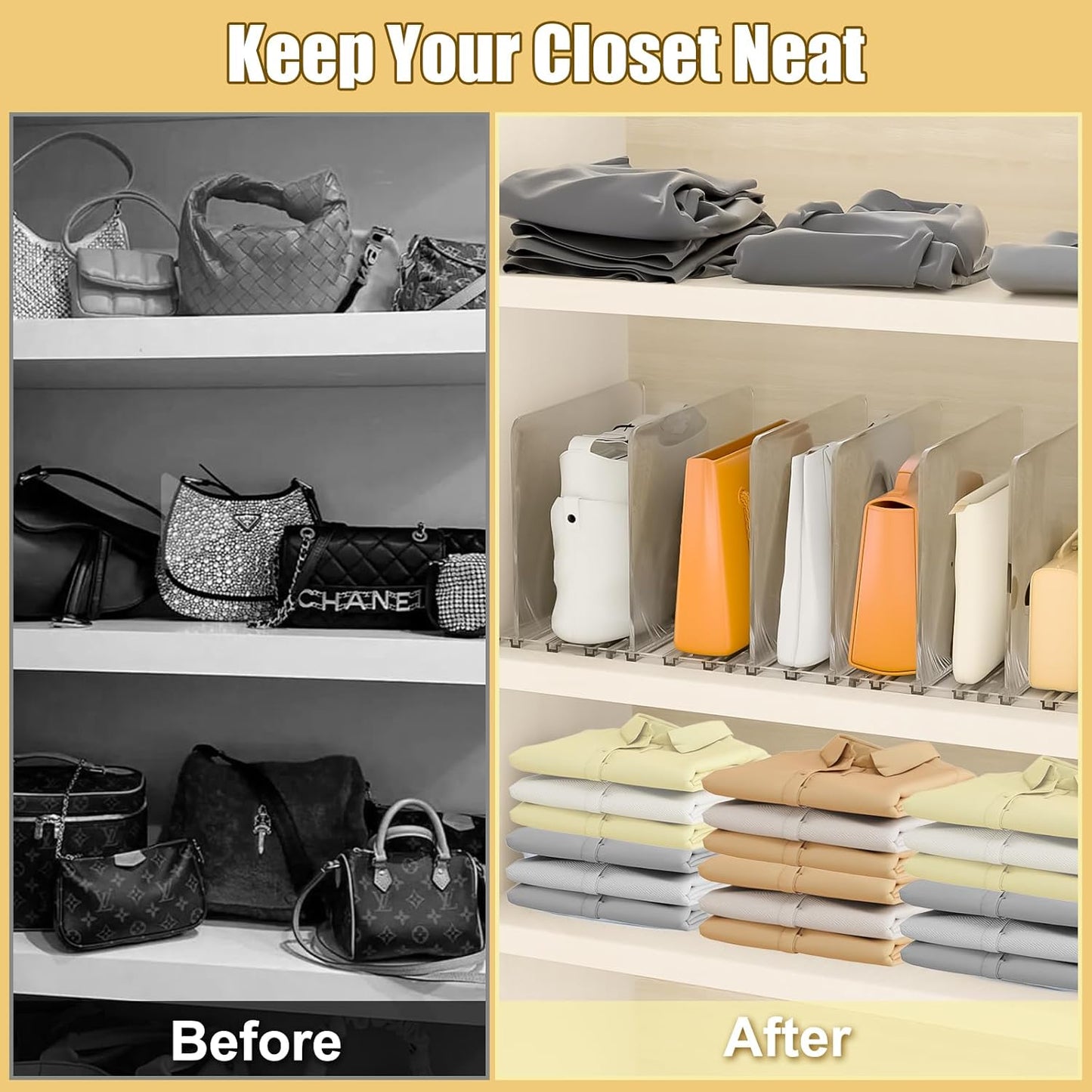 Adjustable Bag & Purse Organizer for Closet, Acrylic Shelf Dividers, Handbag Storage Organizer Clear Purse Dividers for Closet Organization Separators for Handbag, Book in Bedroom, Office