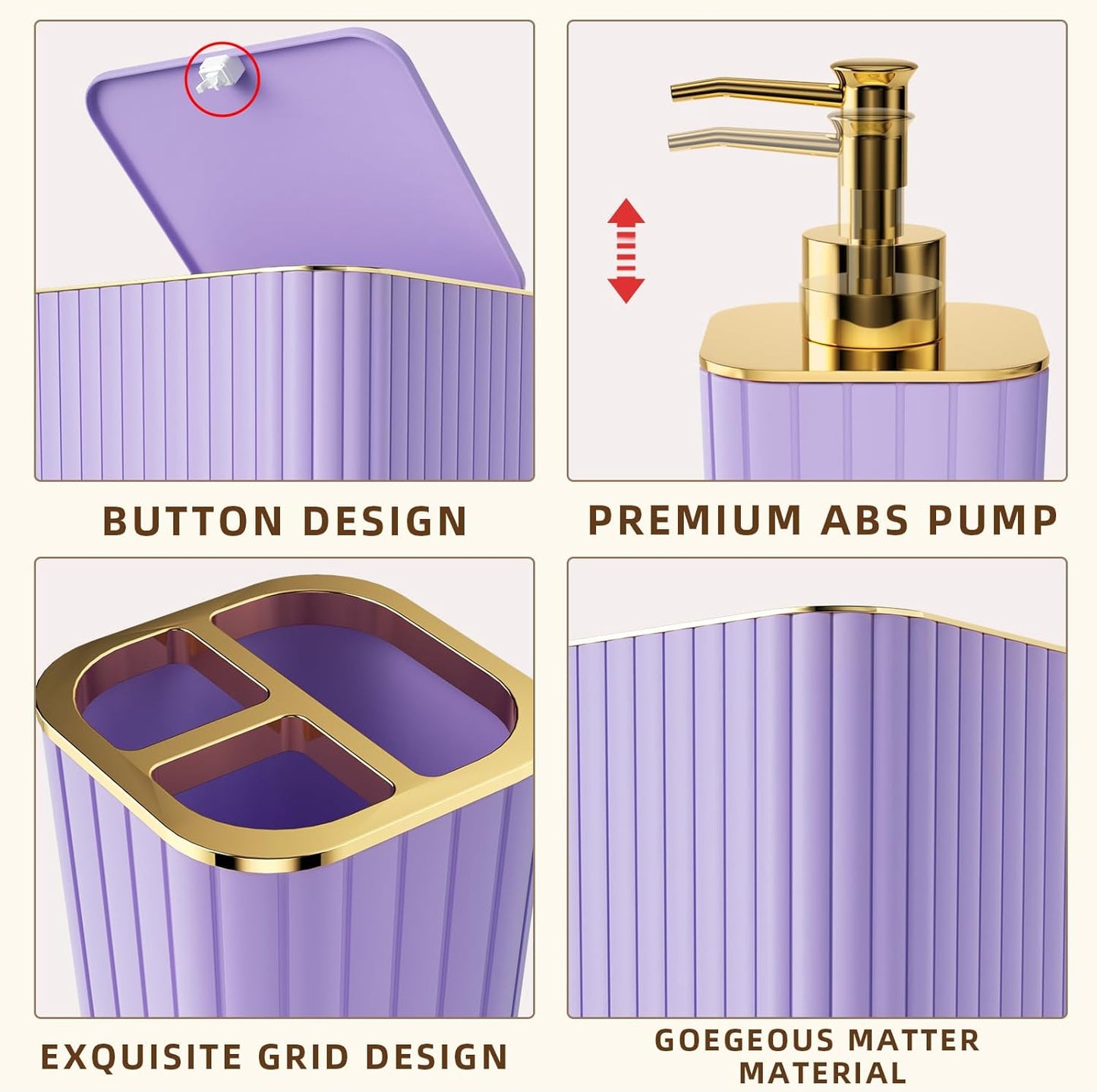 Bathroom Accessories Set - Gorgeous Bathroom Set, 10PC Purple Bathroom Accessory Set, Toilet Brush, Trash Can & Soap Dispenser