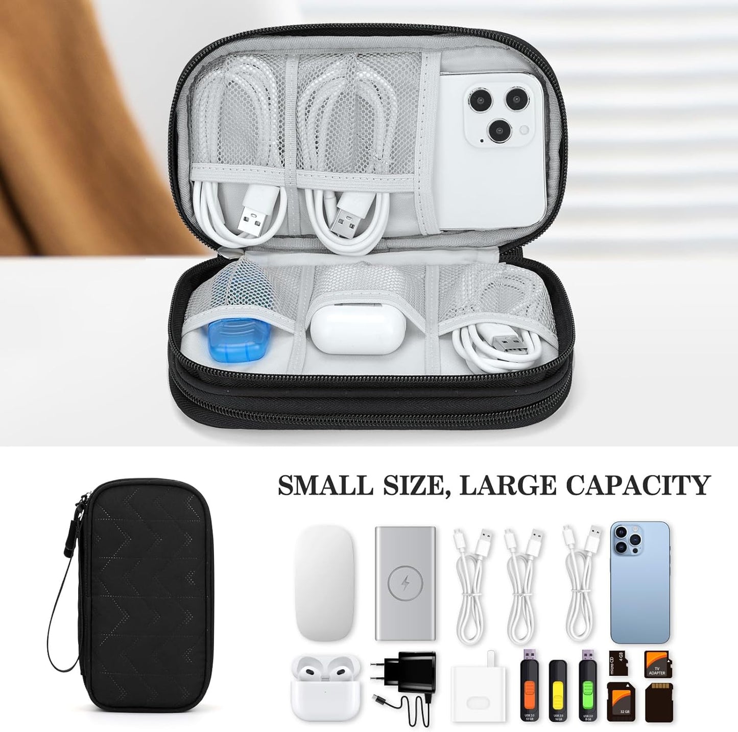 FYY Travel Organizer Pouch Electronic Accessories Carry Case Portable Waterproof Double Layers All-in-One Storage Bag for Cable, Cord, Charger, Phone, Pattern Black
