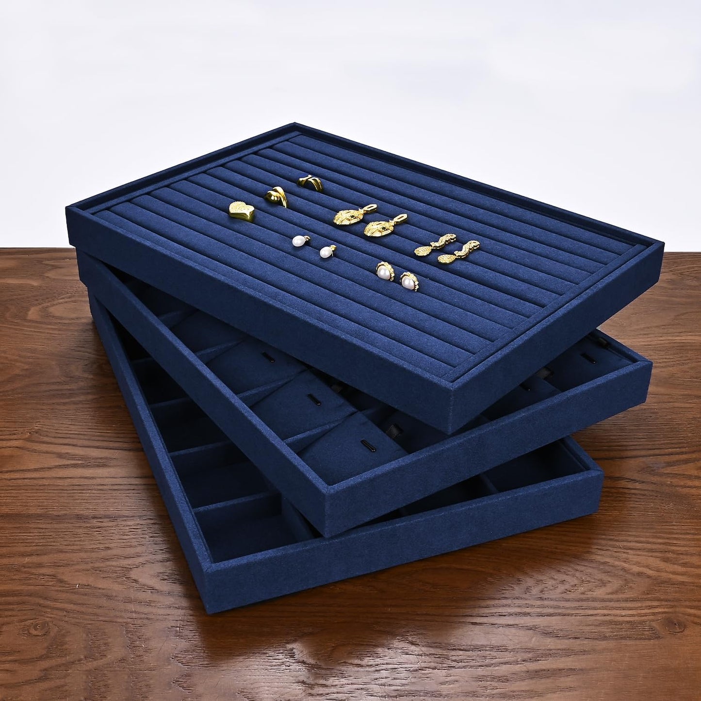 Microfiber Jewelry Tray Stackable Jewelry Drawer Organizer Trays Necklace Bracelet Holder for Necklace Bracelets Watches Perfume Organizer(Blue)