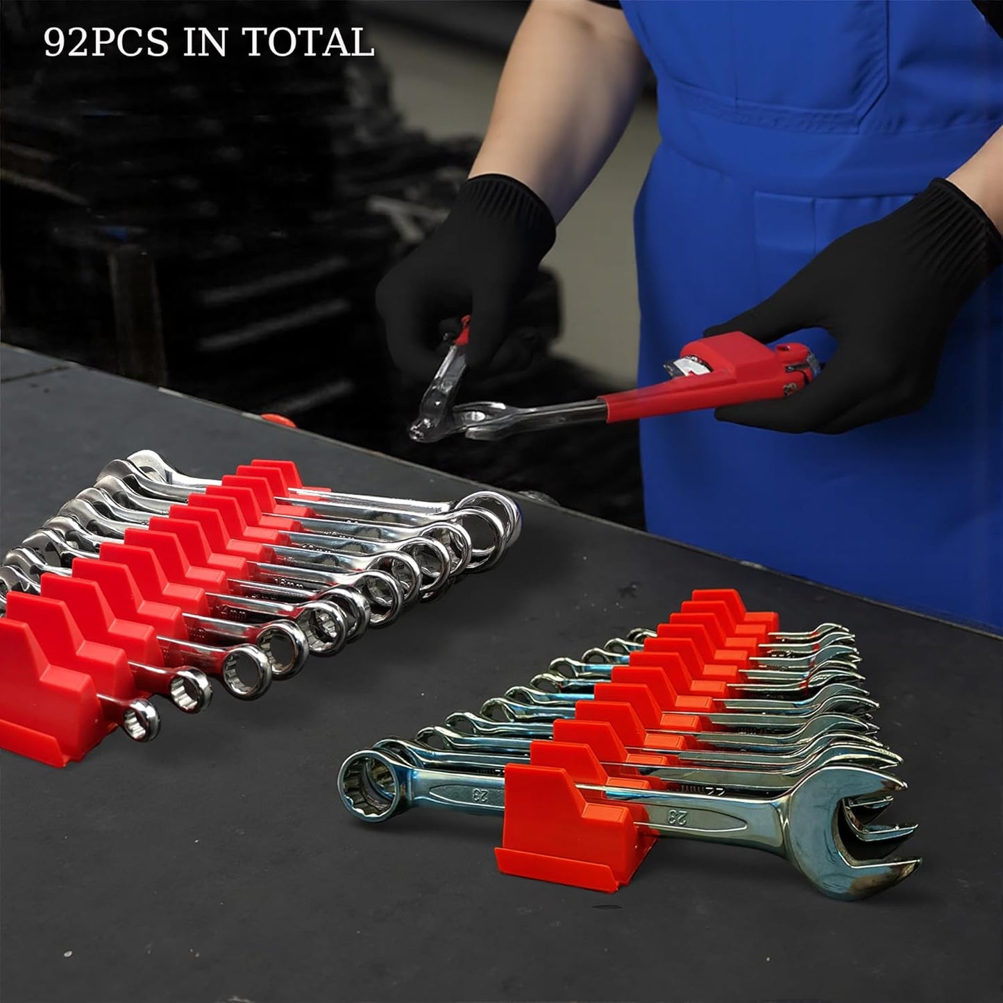 92PC Magnetic Wrench Organizer for Toolbox Drawers - Heavy Duty Modular Tool Rack with SAE/Metric Labels,Customizable Storage & Strong Magnet Base (Red)
