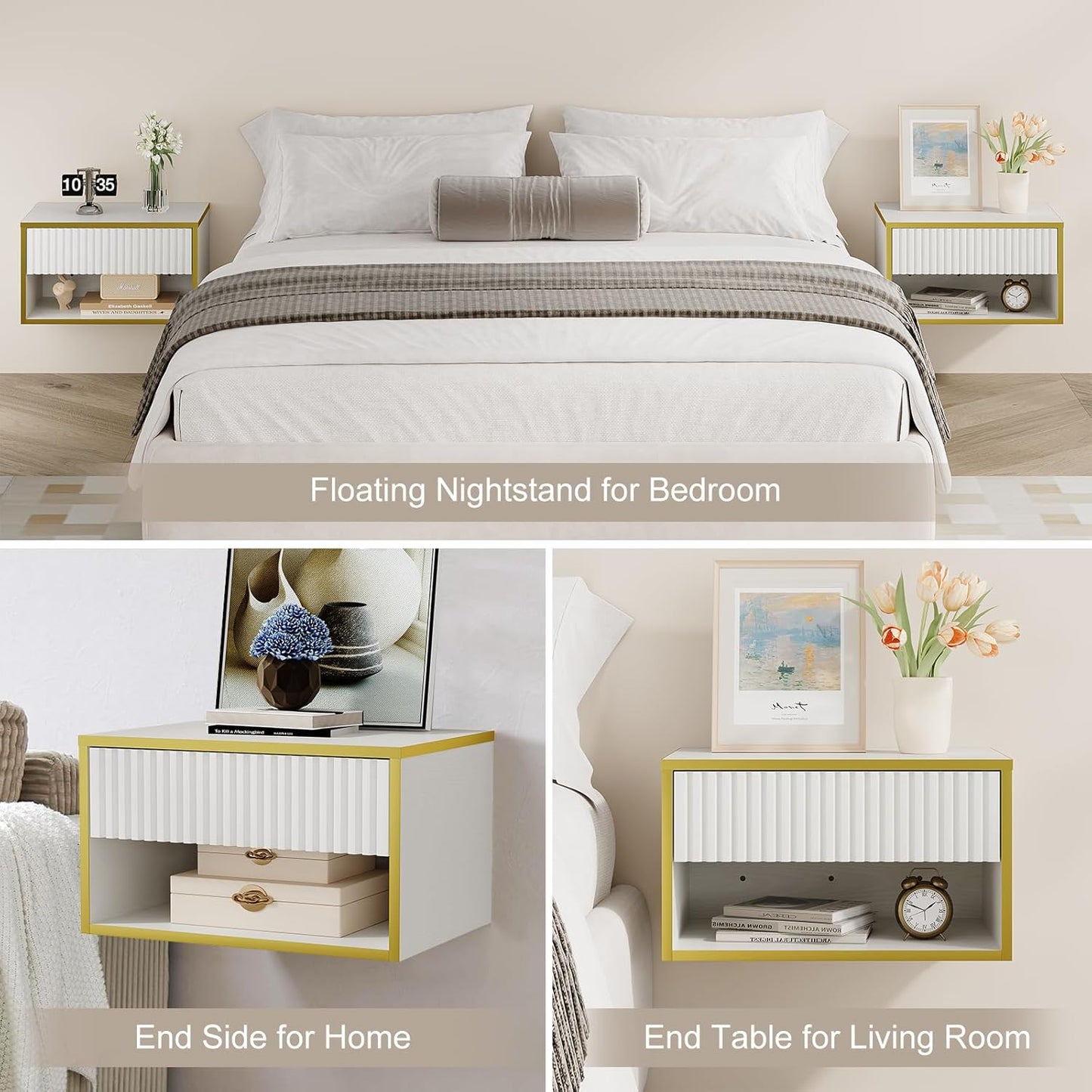 4ever2buy Floating Nightstand with Fluted Drawer, Modern Wall Mounted Nightstand with Open Shelf, White and Gold Night Stand for Bedroom, White