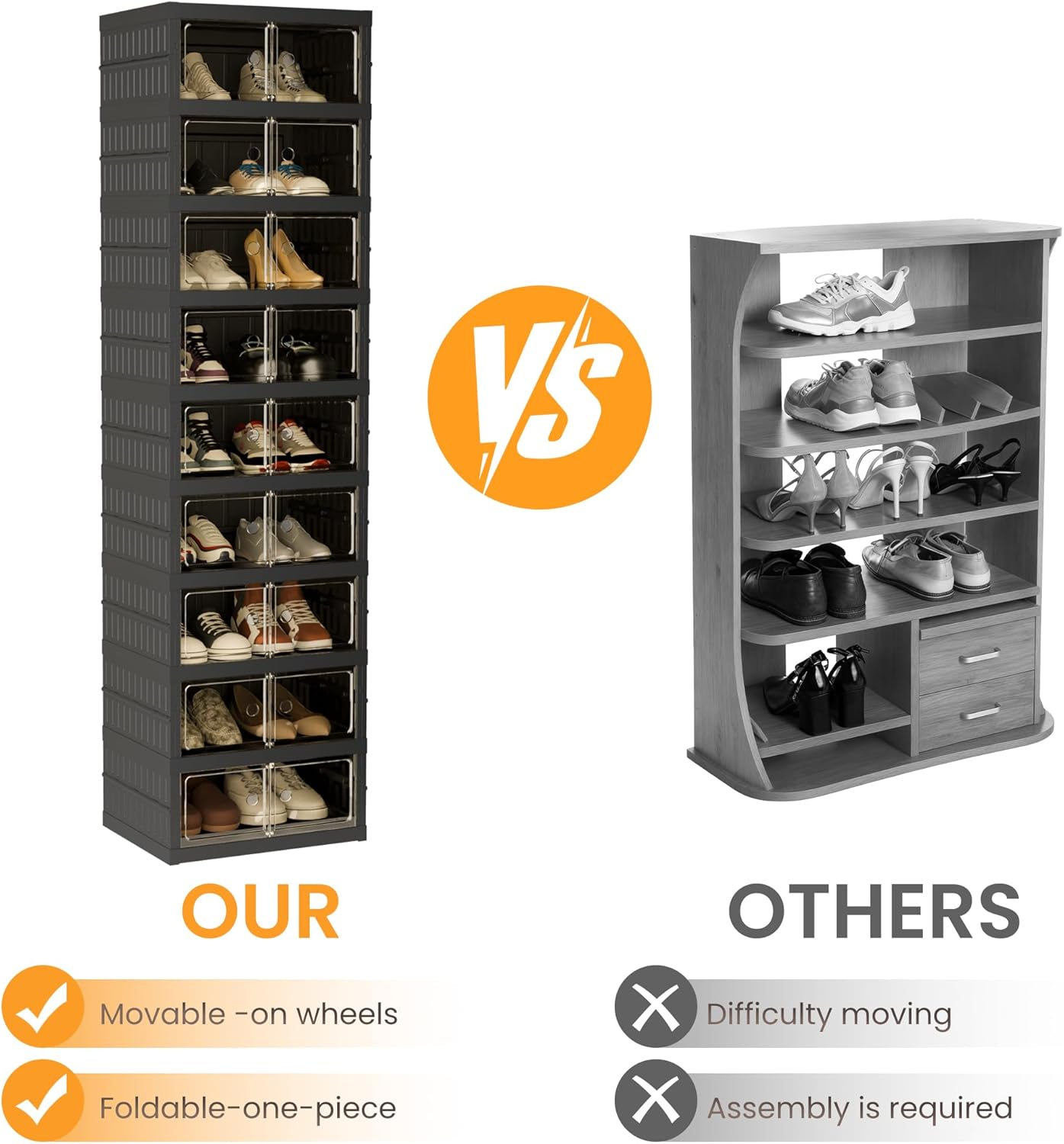 Foldable Shoe Organizer Storage Box, Portable Extra Large Folding Shoe Rack for Closet, Shoe Storage Box with Magnetic Transparent Door and Wheels, 9 Layers 18 Grids