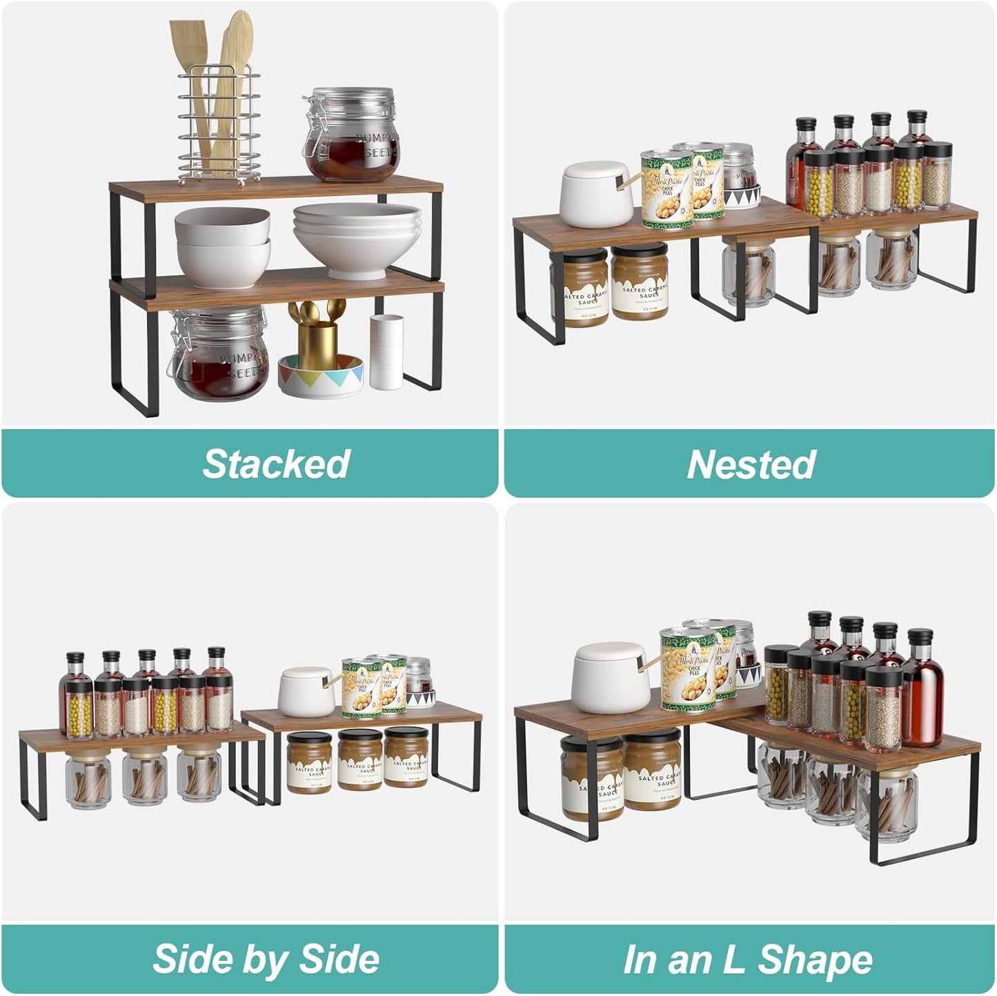 NEX Cabinet Organizer Shelf, Set of 2 Kitchen Counter Shelves, Spice Rack, Stackable Kitchen Shelves Organizer, Pantry Cupboard Dish Mug Cup Storage Shelf, Black and Brown