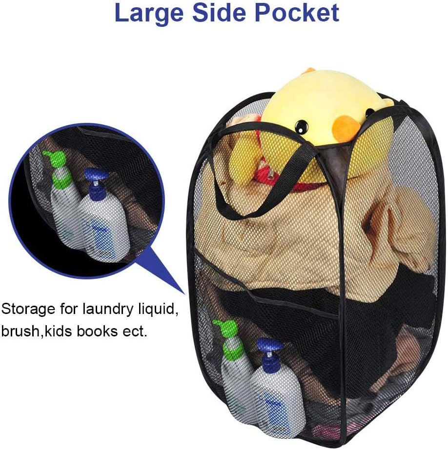 Larpur Popup Mesh Laundry Basket, Collapsible and Portable Clothes Washing Laundry Hamper with Reinforced Carry Handle (Black 2pcs)