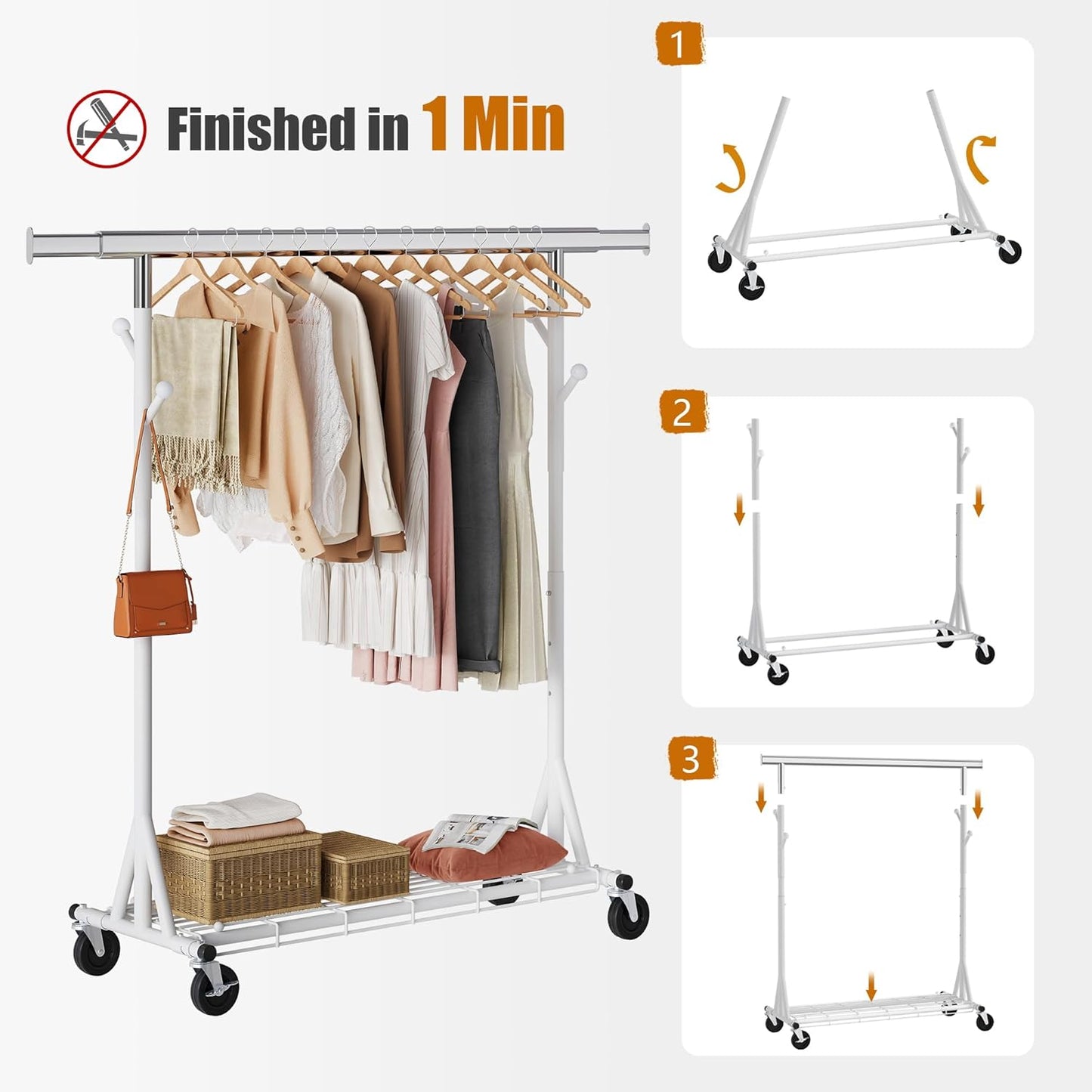 Heavy Duty Clothes Rack, 530 lbs Load Capacity Metal Garment Rack on Wheels - Collapsible Adjustable Portable Storage with Hooks, White