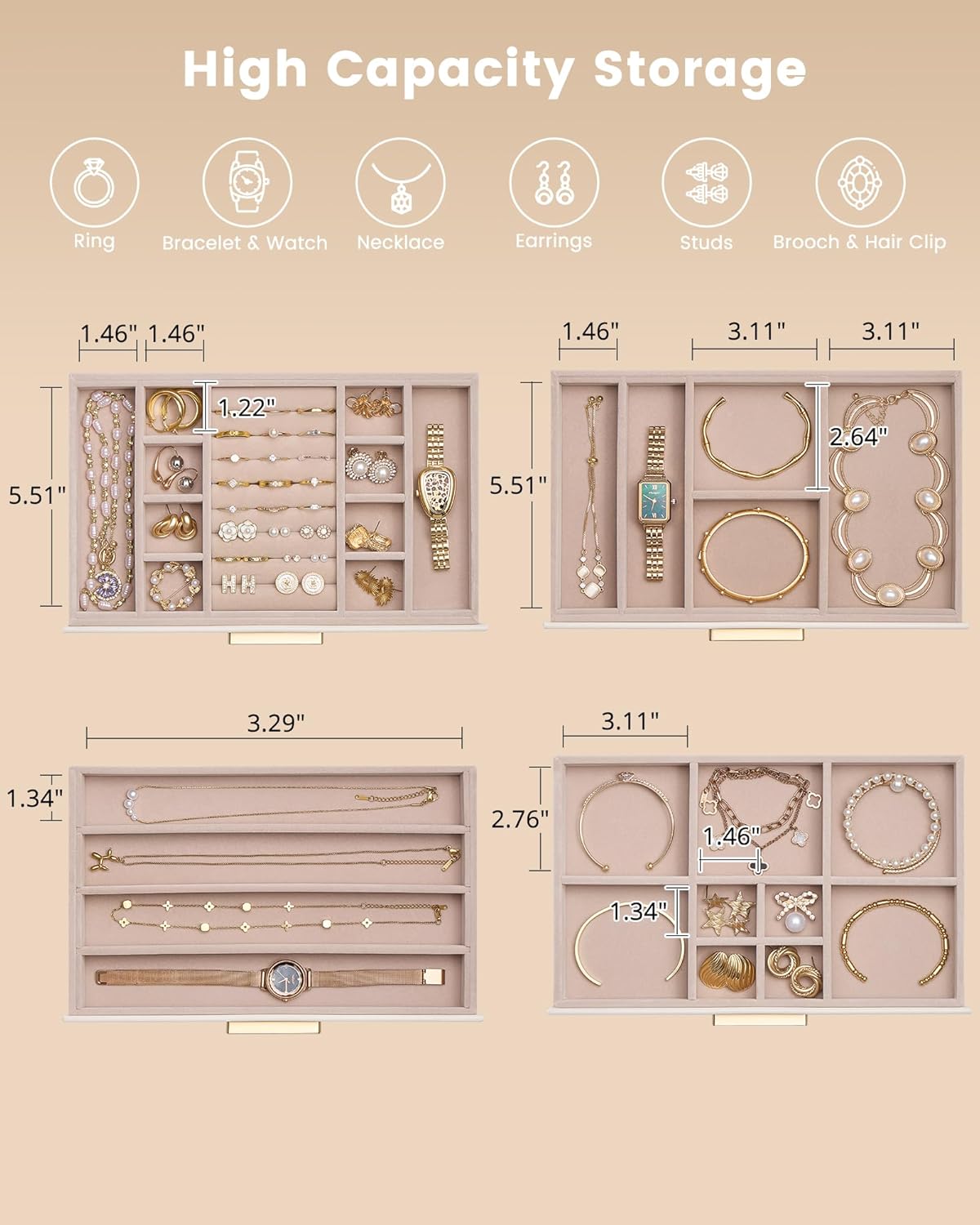 Lolalet Jewelry Box Organizer, 4-Layer Jewelry Organizers and Storage Case with Glass Lid, Ring Earring Bracelet Necklace Holder Organizer, Birthday Christmas Gifts for Women Girls -4Layer, Beige